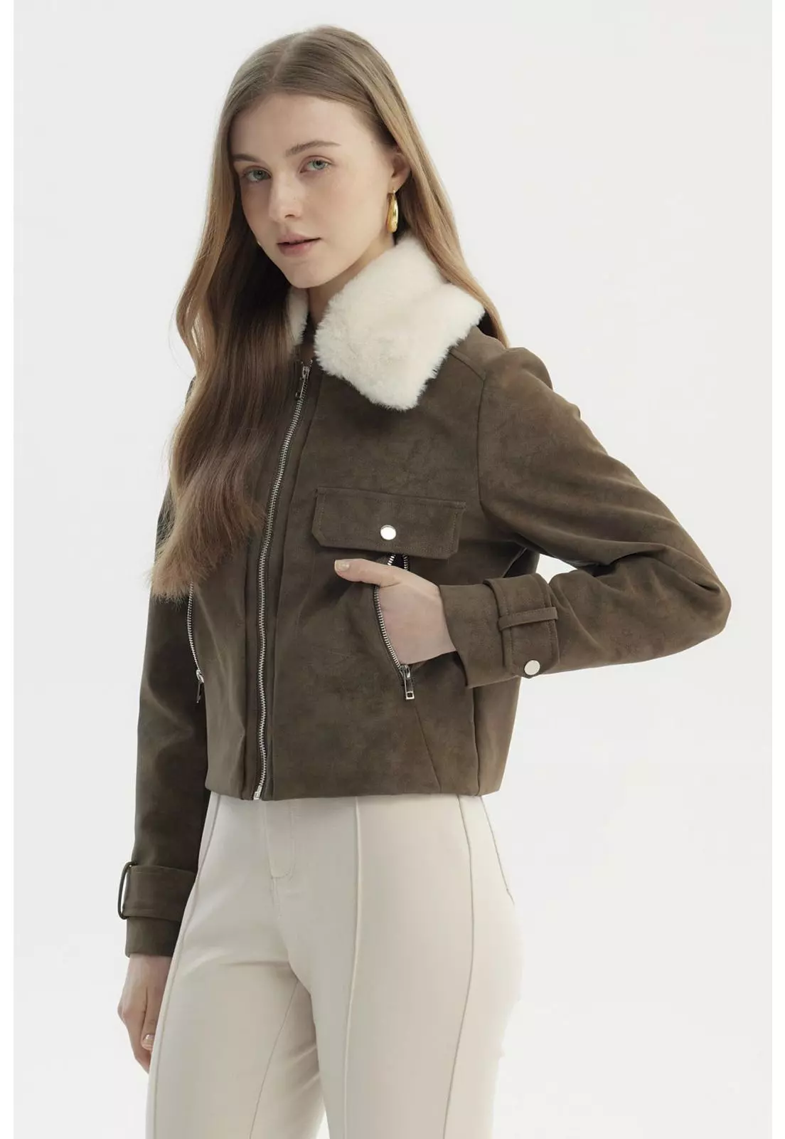 Chaqueta Mujer Cuello Camisero Café-1
