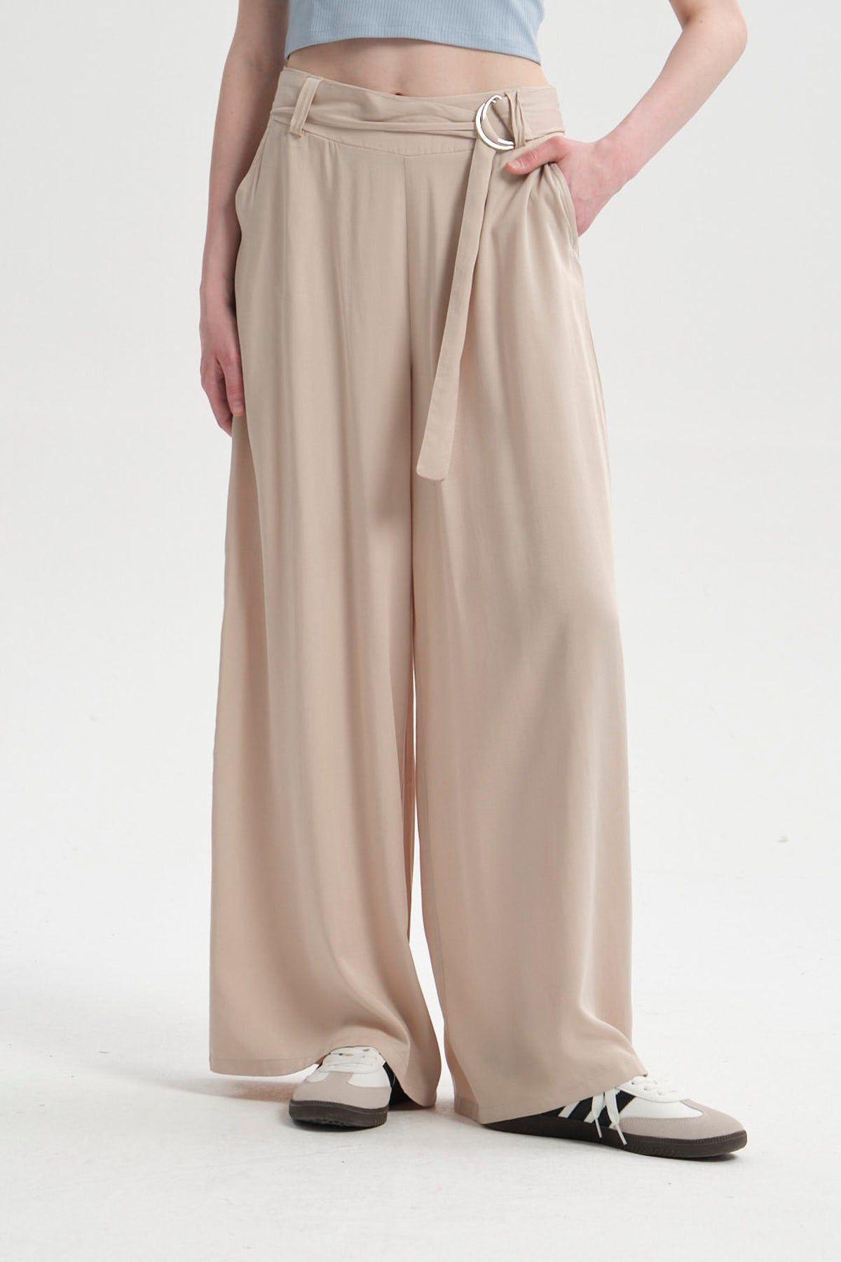 Pantalón Mujer Palazzo Cinturón Beige-0