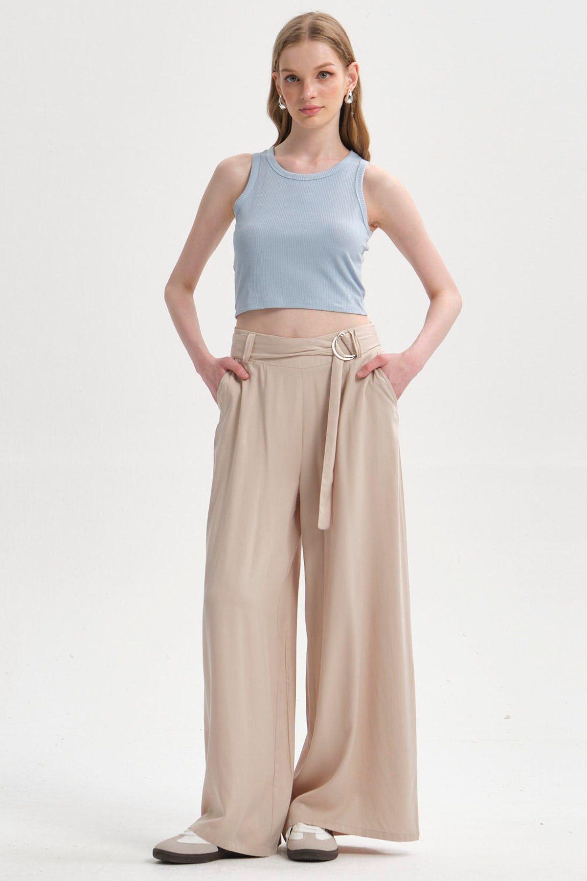 Pantalón Mujer Palazzo Cinturón Beige-3