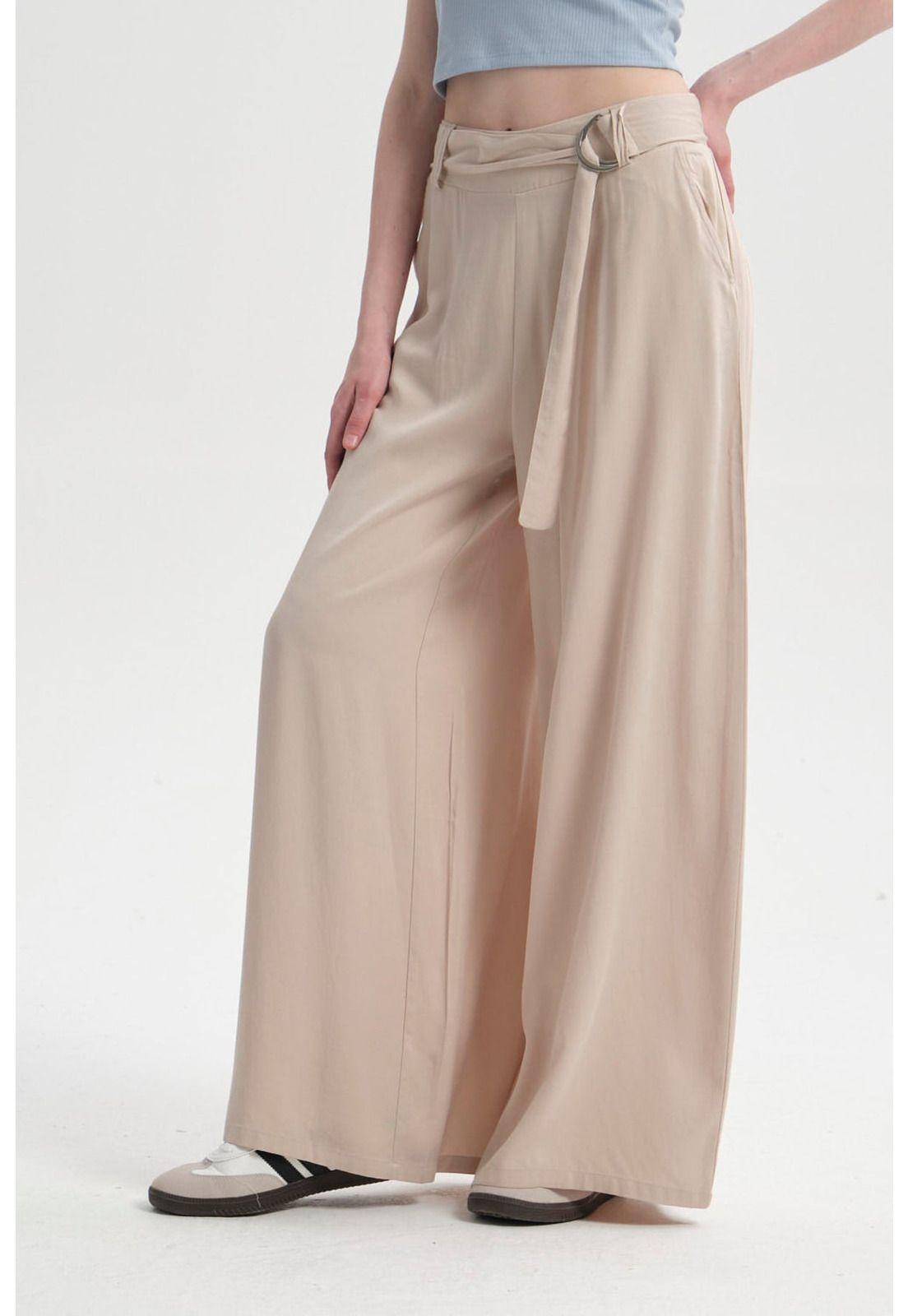Pantalón Mujer Palazzo Cinturón Beige-1