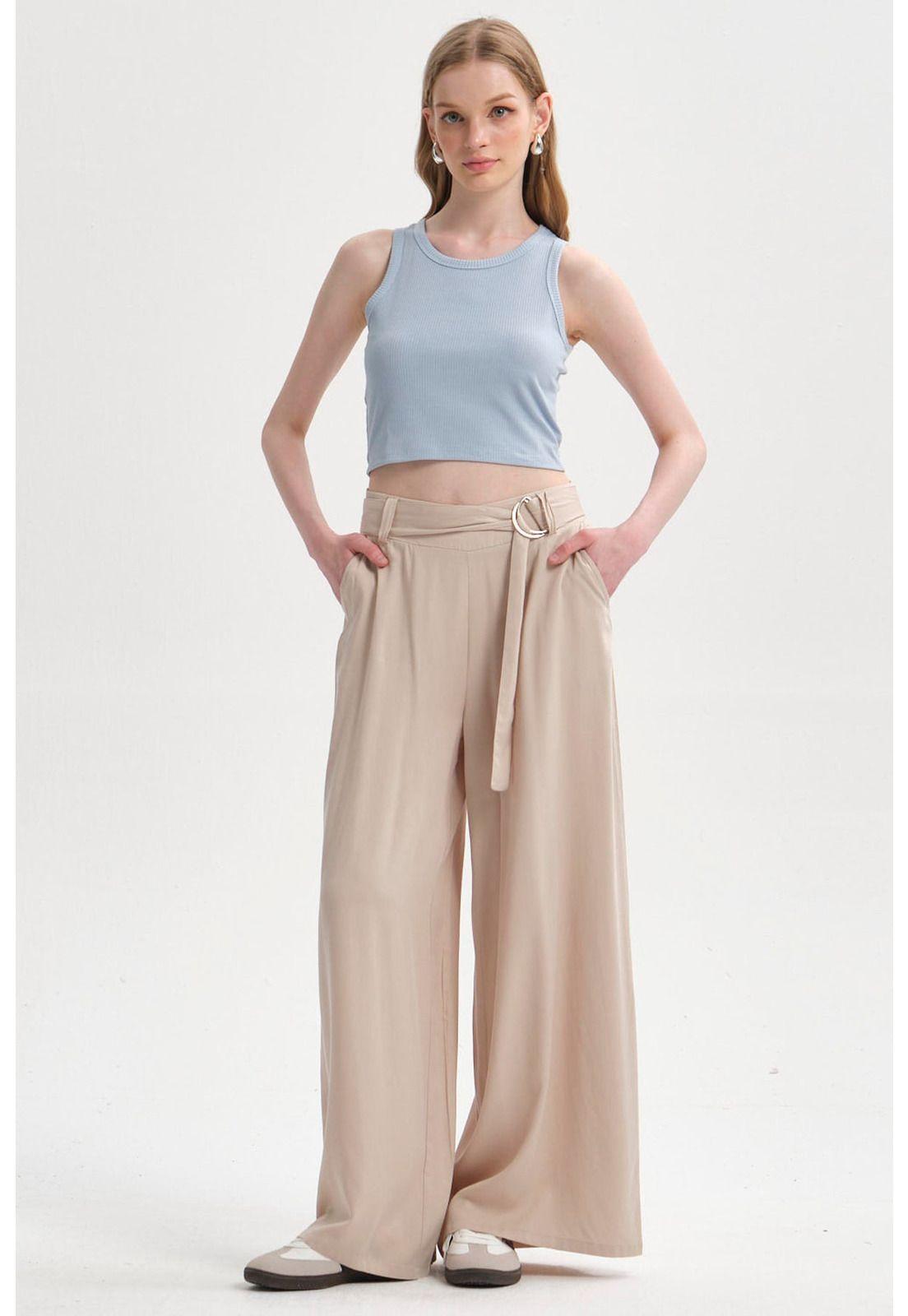 Pantalón Mujer Palazzo Cinturón Beige-3