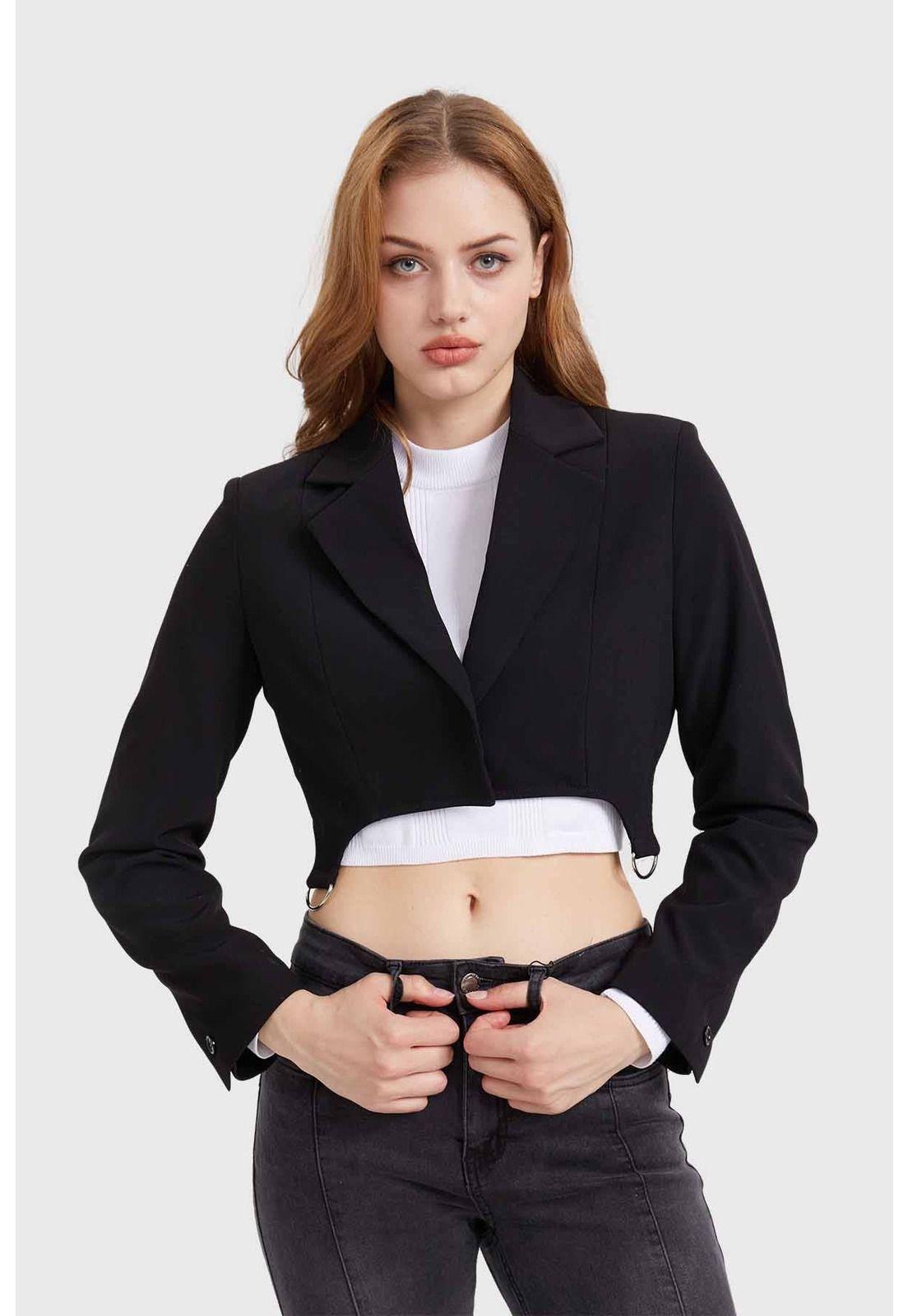 Blazer Mujer Hebillas Crop Negro-0