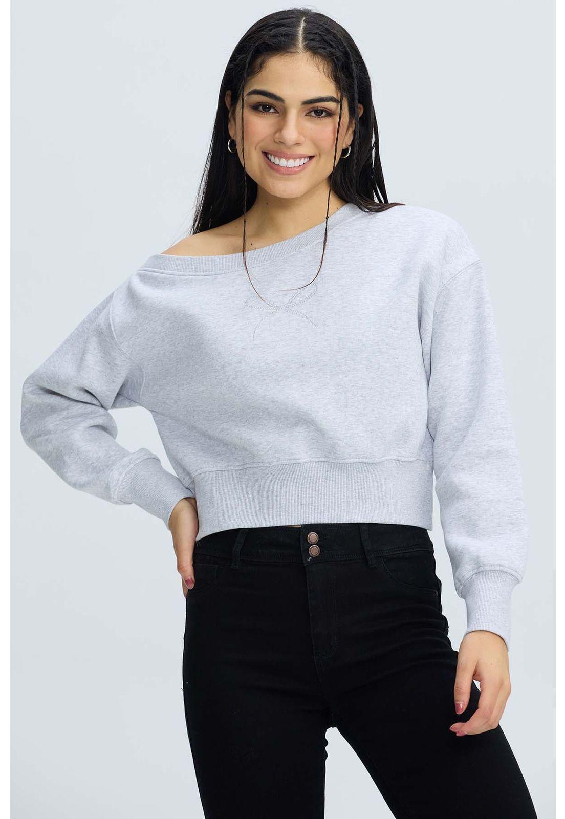 Polerón Mujer Asimétrico Lazo Gris Melange-0