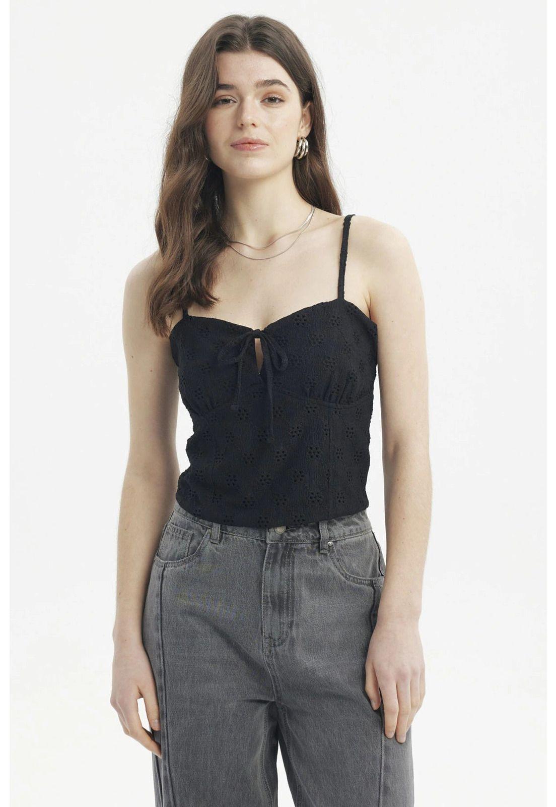 Polera Mujer Tirantes Crop Lazo En Escote Negro-0