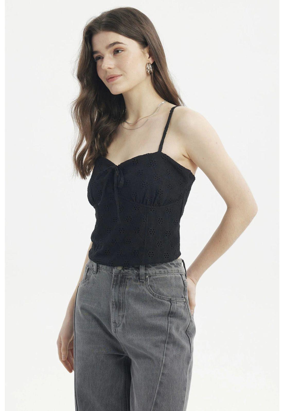 Polera Mujer Tirantes Crop Lazo En Escote Negro-1
