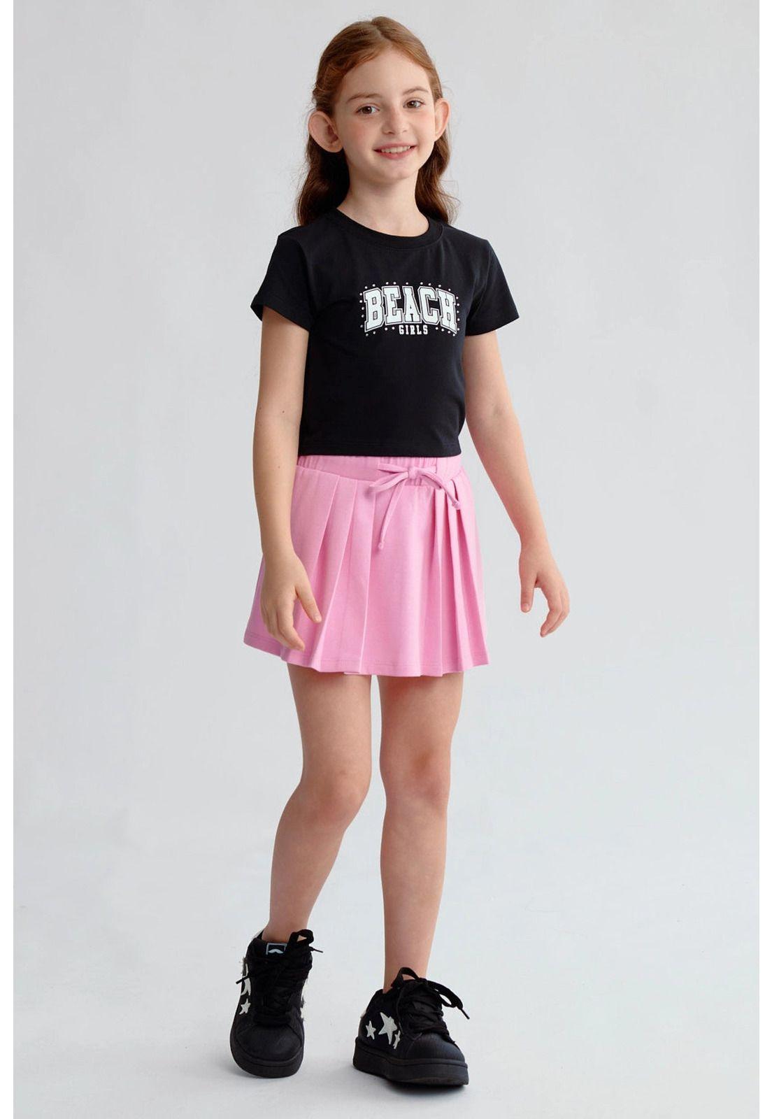 Falda Niña Tableada Con Lazo Rosado-3