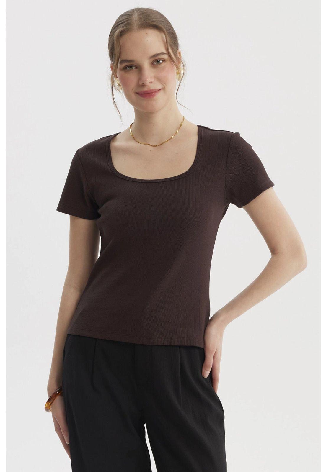 Polera Mujer Escote Cuadrado Rib Café Oscuro-0