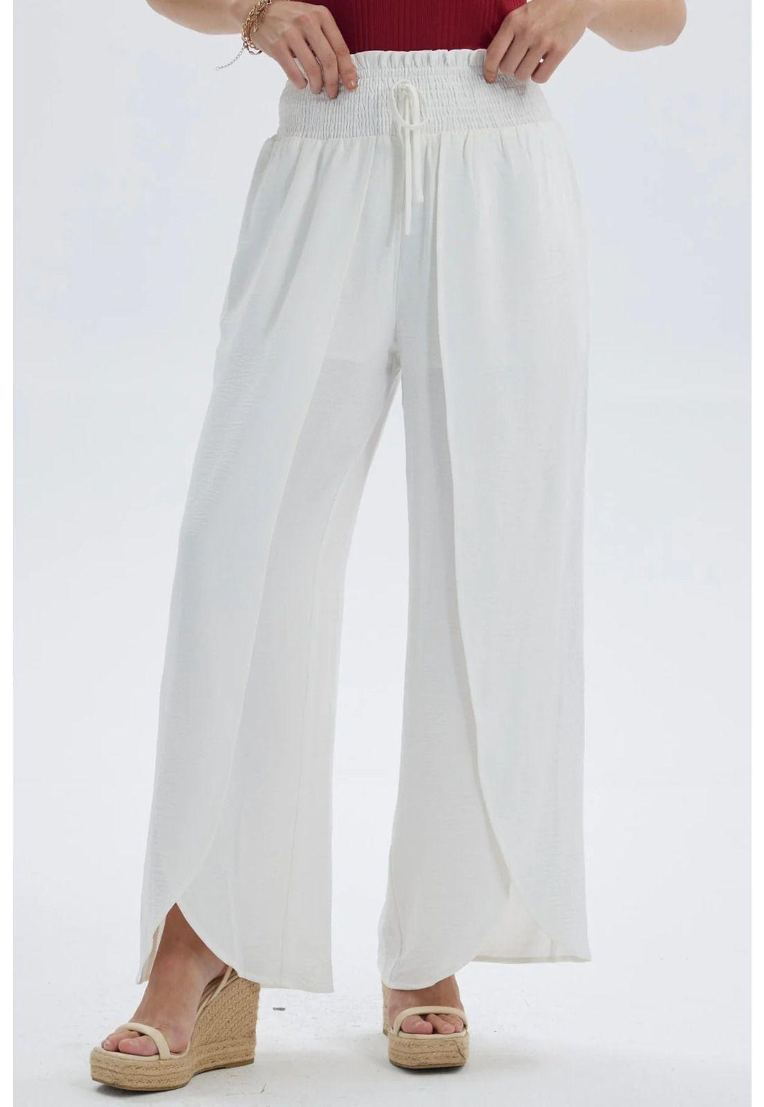 Pantalón Mujer Palazzo Pretina Ancha Crudo-0