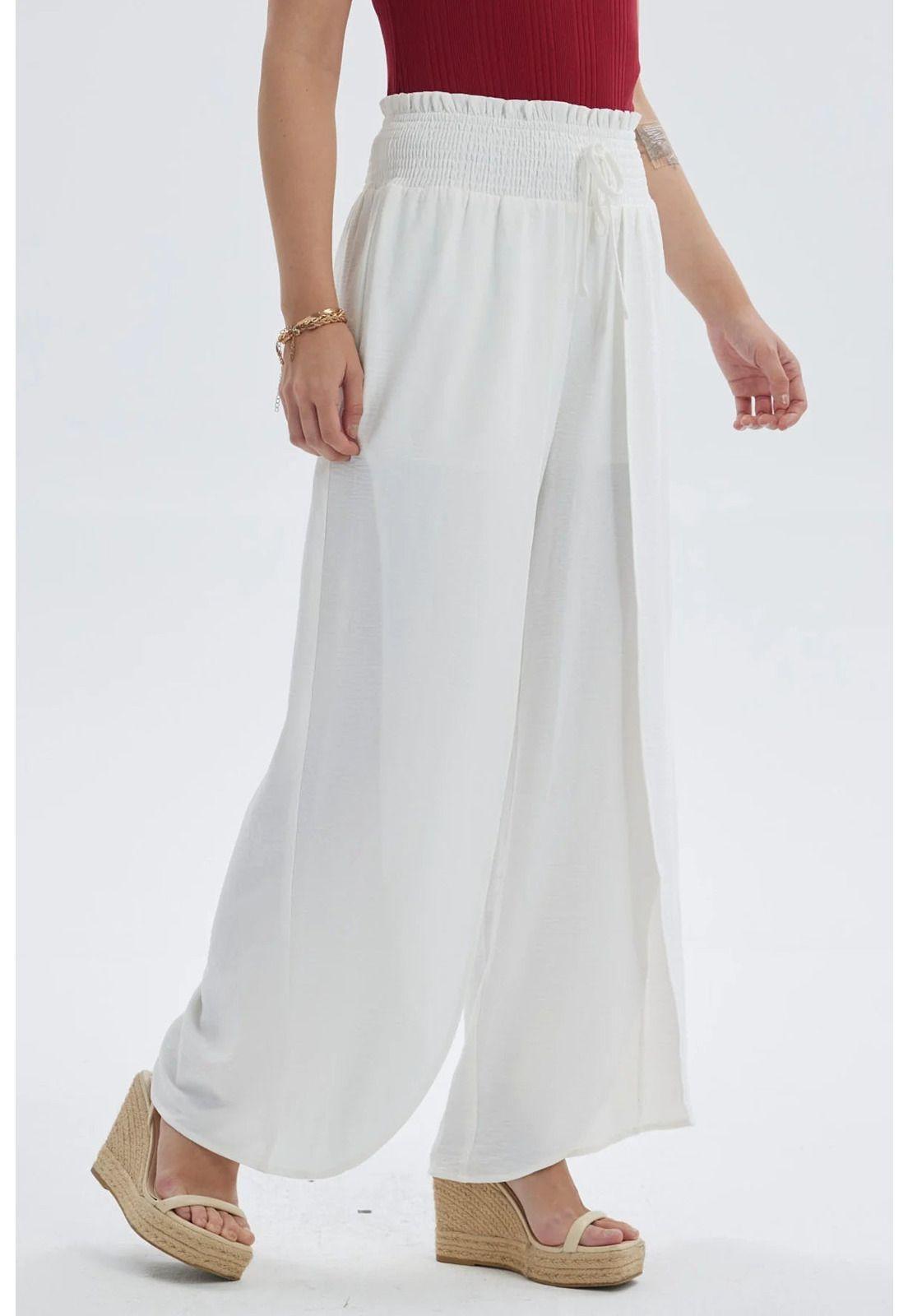 Pantalón Mujer Palazzo Pretina Ancha Crudo-1