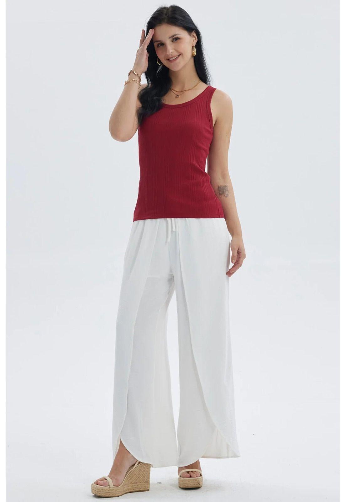 Pantalón Mujer Palazzo Pretina Ancha Crudo-3