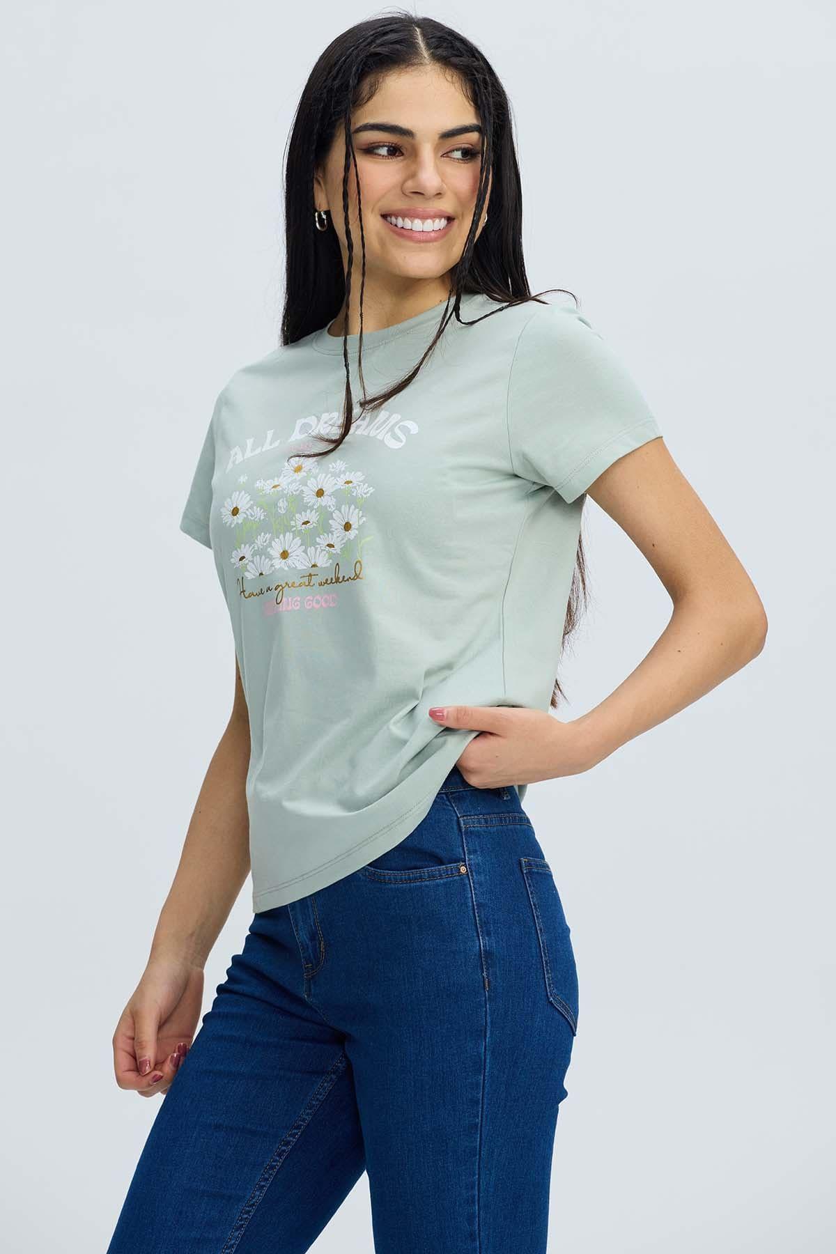 Polera Mujer Básica Print Verde Agua-1