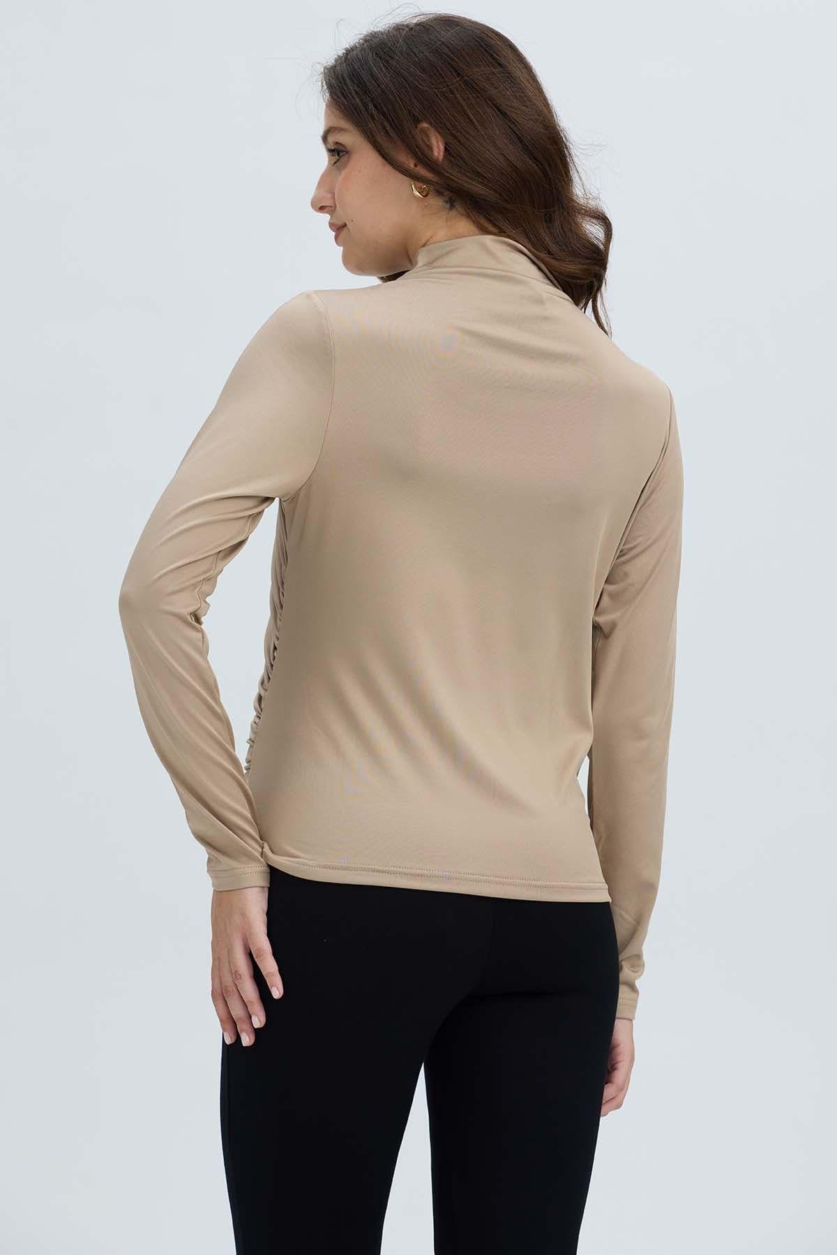 Polera Mujer Aplicación Arrugado Beige Oscuro-2