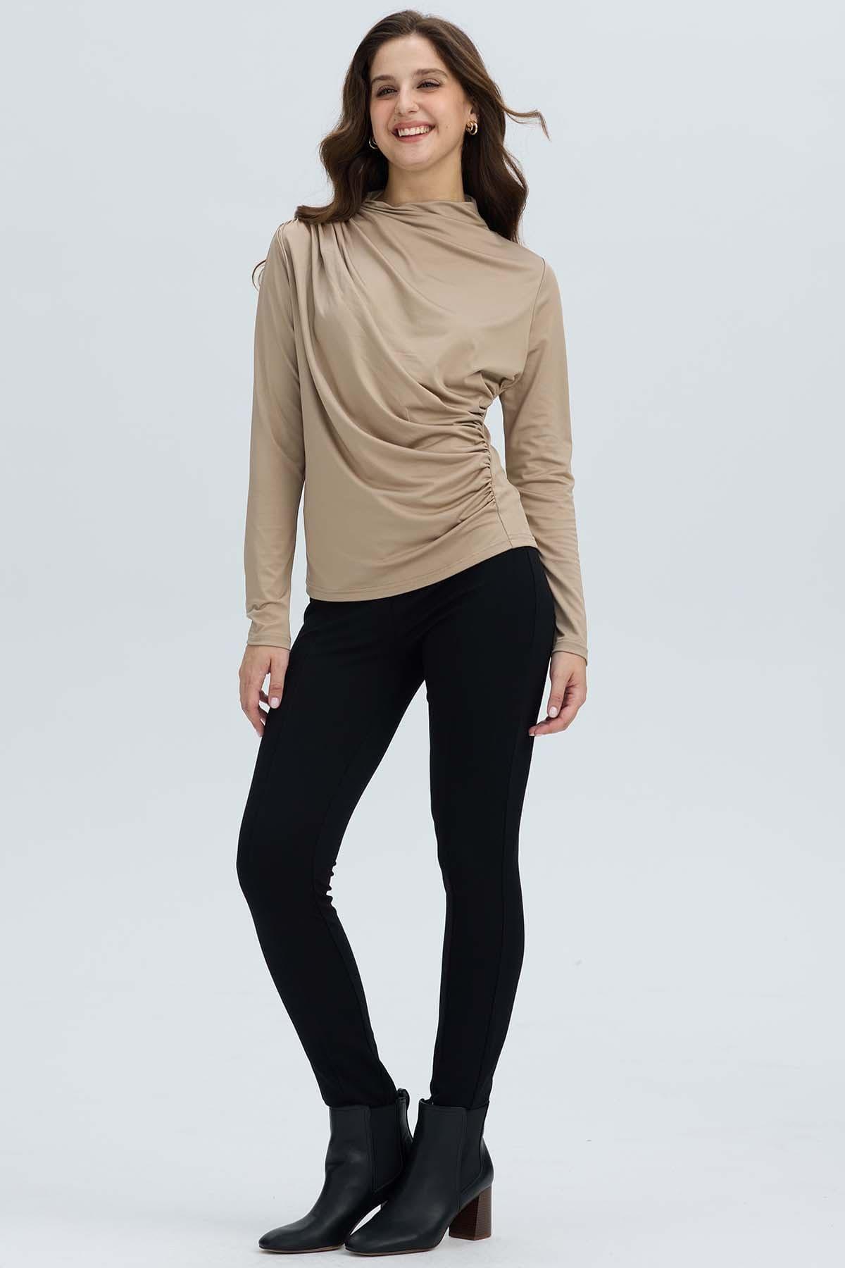 Polera Mujer Aplicación Arrugado Beige Oscuro-3