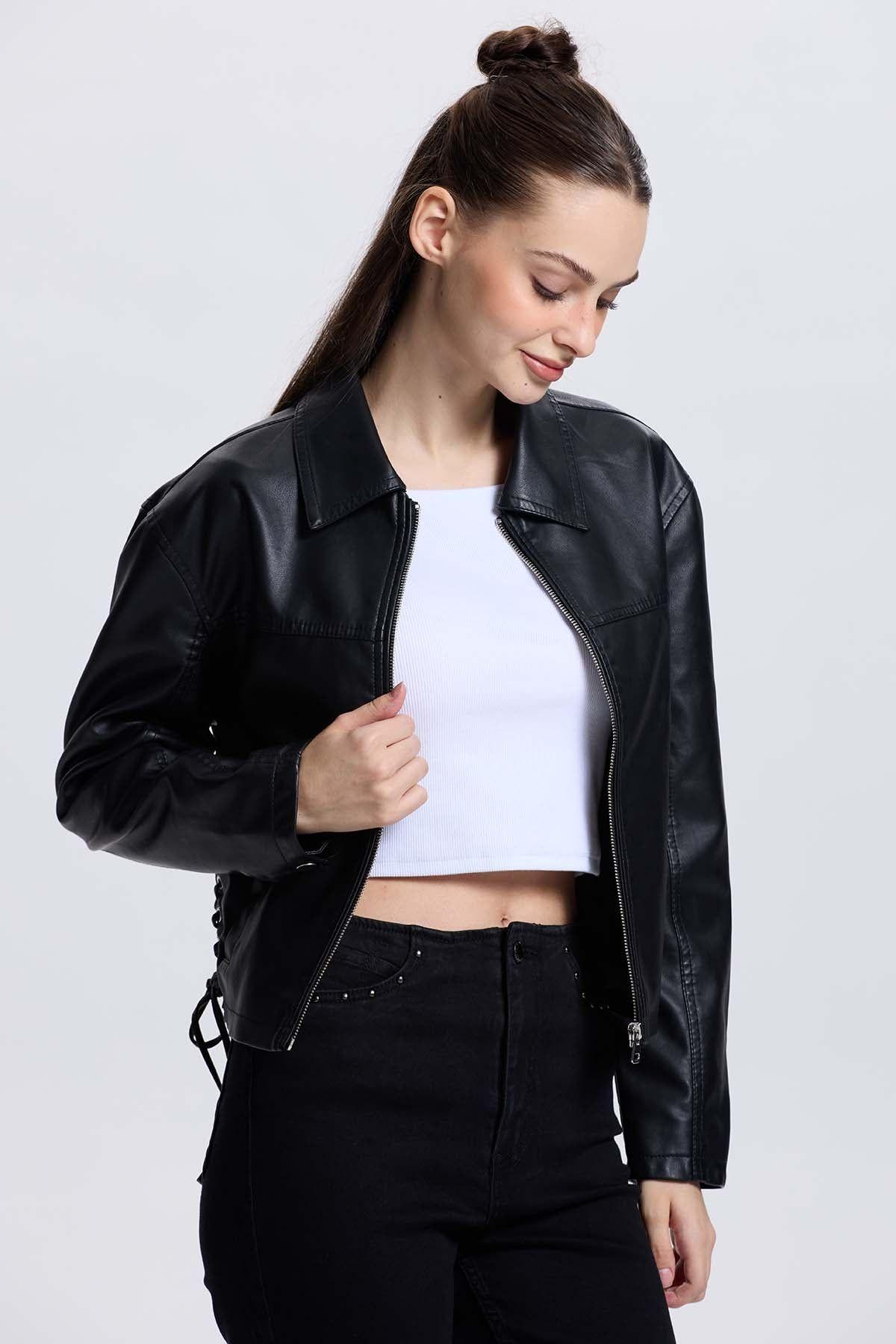 Chaqueta Mujer Efecto Cuero Negro-2