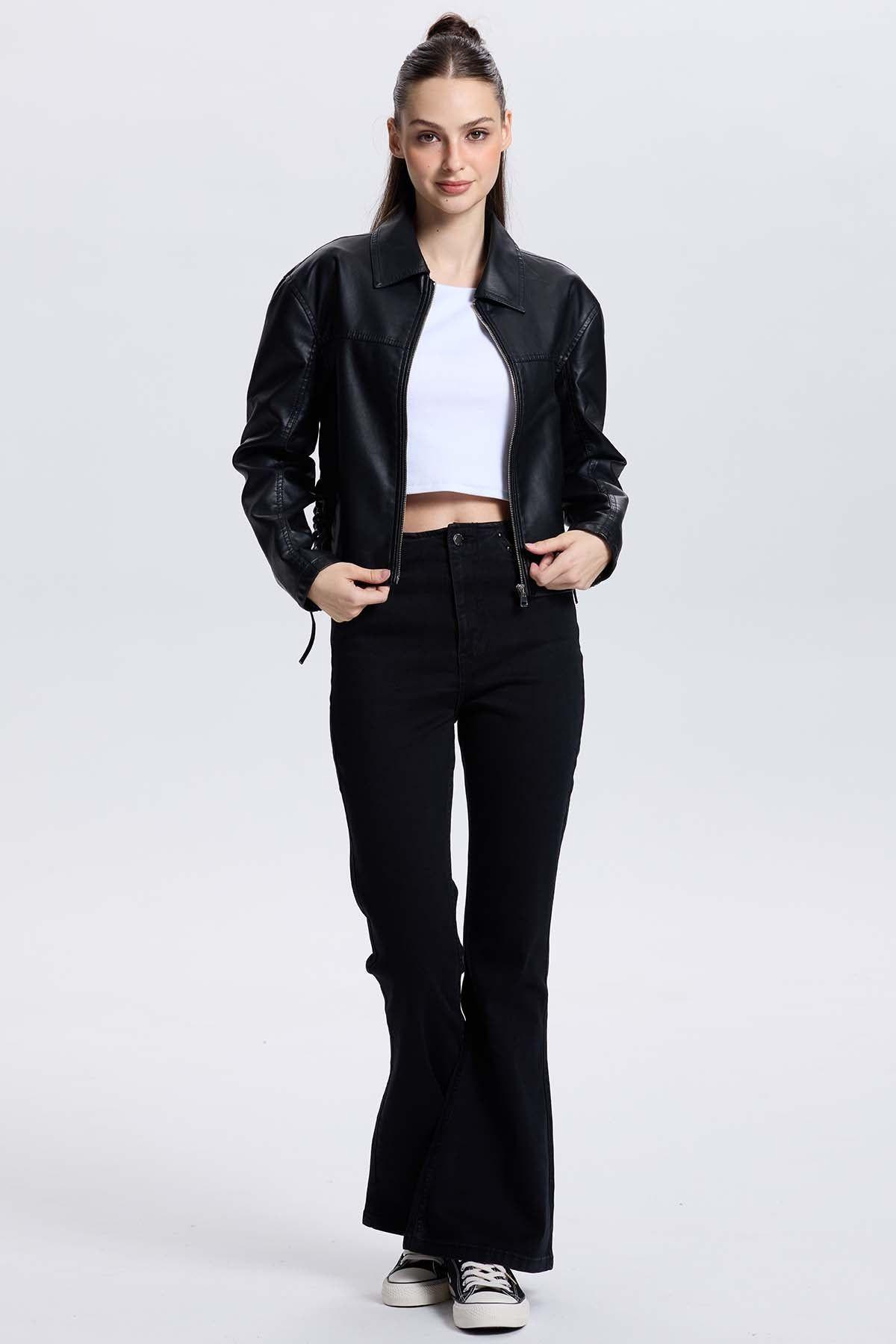 Chaqueta Mujer Efecto Cuero Negro-3