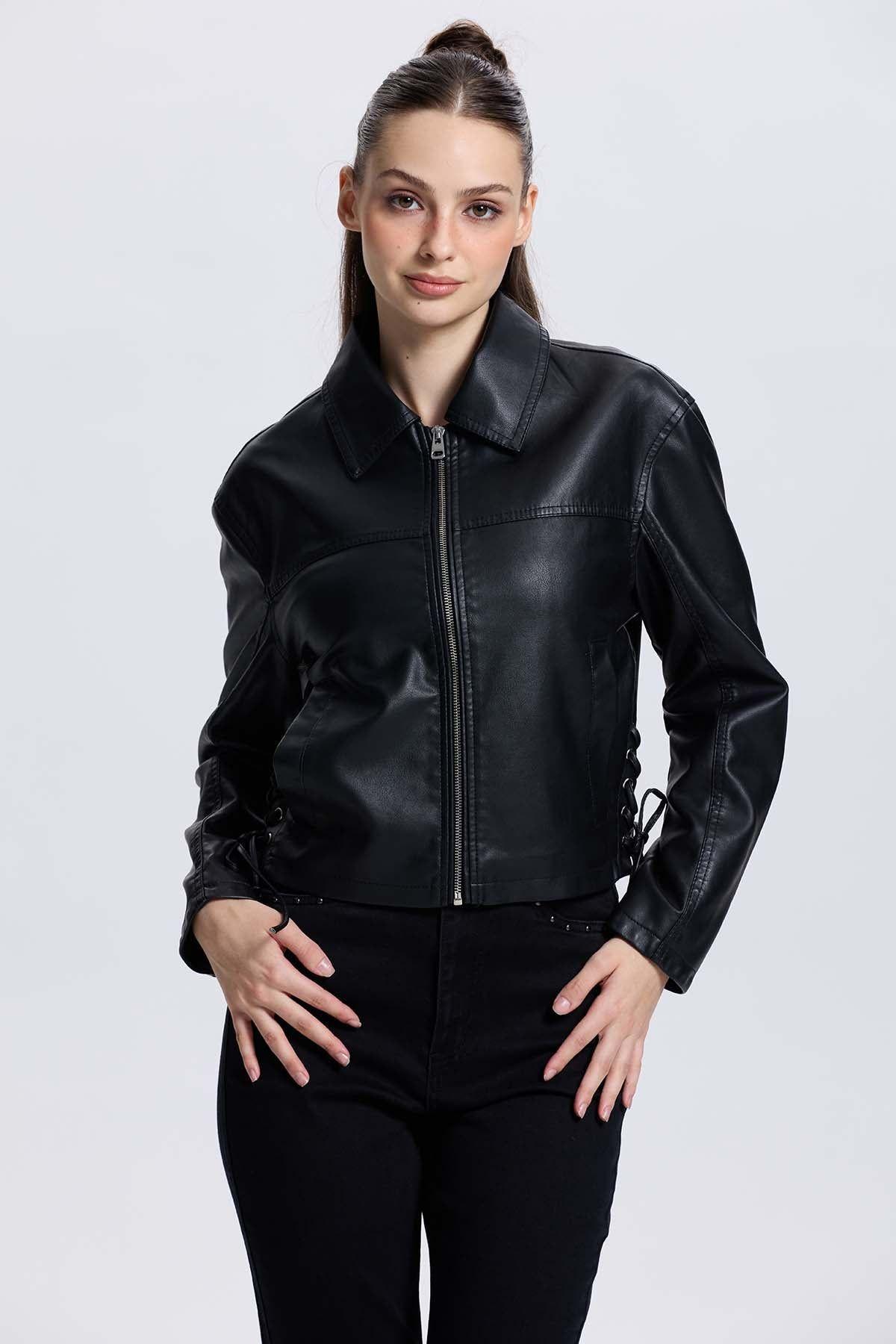 Chaqueta Mujer Efecto Cuero Negro-0