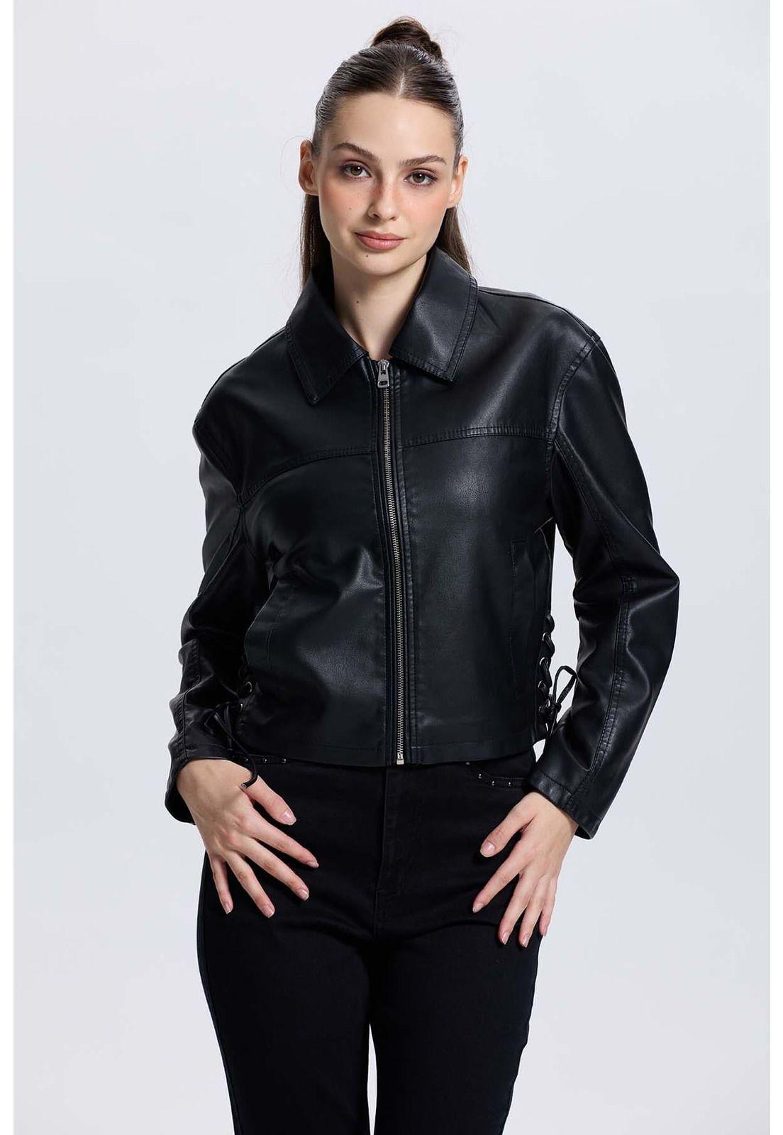 Chaqueta Mujer Efecto Cuero Negro - VI-1