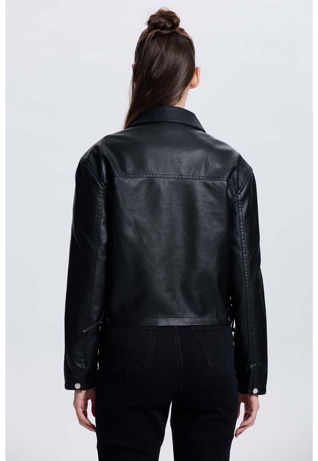 Chaqueta Mujer Efecto Cuero Negro - VI-2