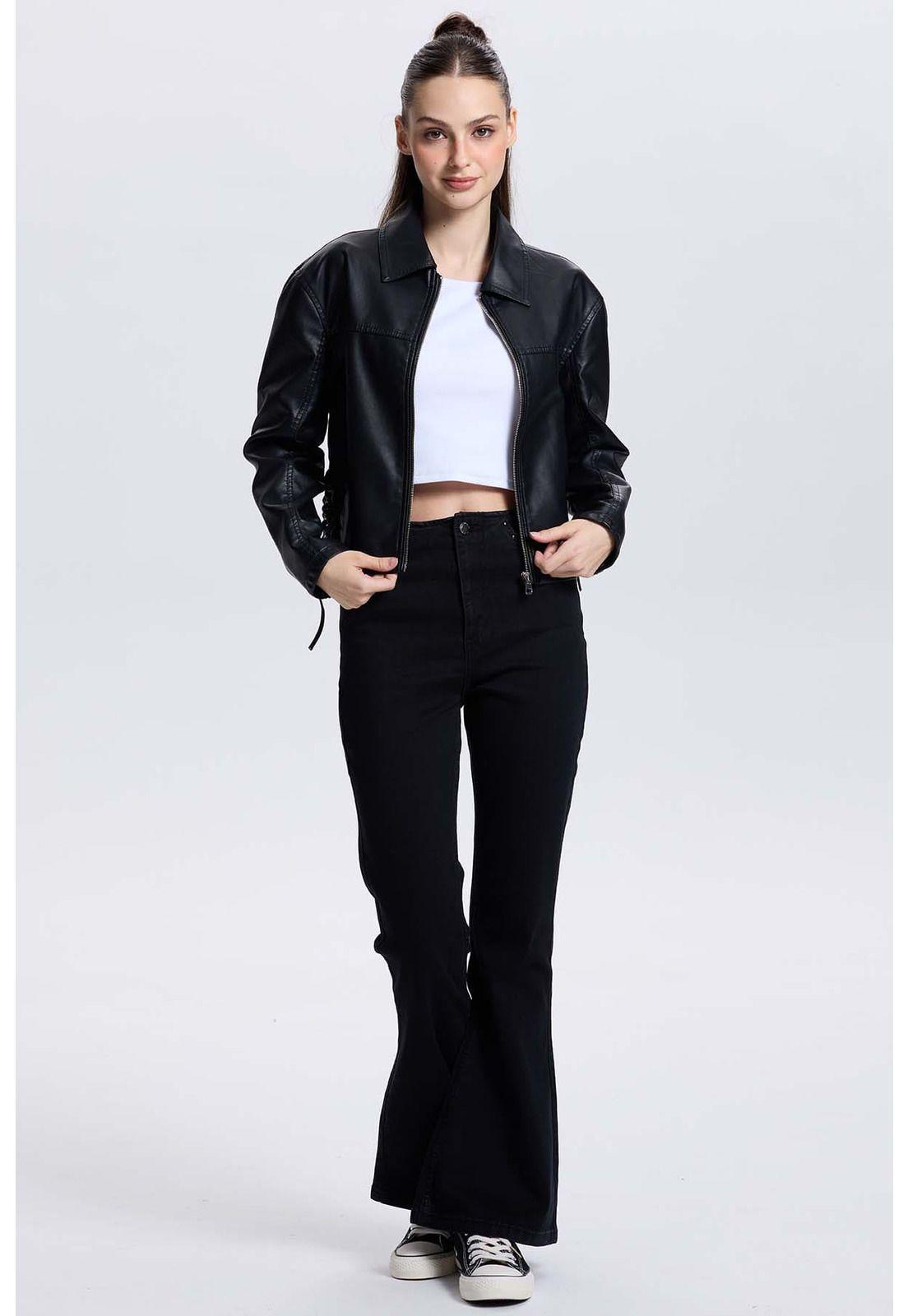 Chaqueta Mujer Efecto Cuero Negro - VI-3