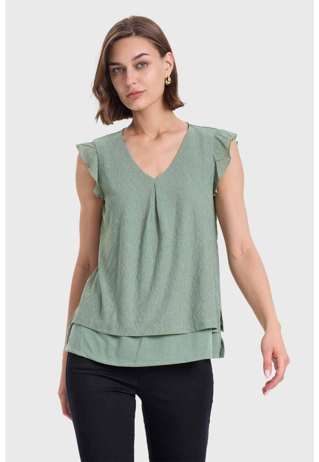 Polera Mujer Doble Capa Y Pinza Verde - ll-0
