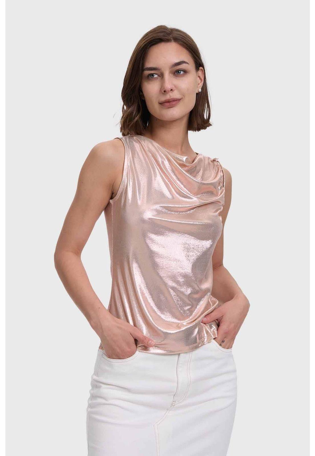 Polera Mujer Con Drapeado Brillante Dorado-0