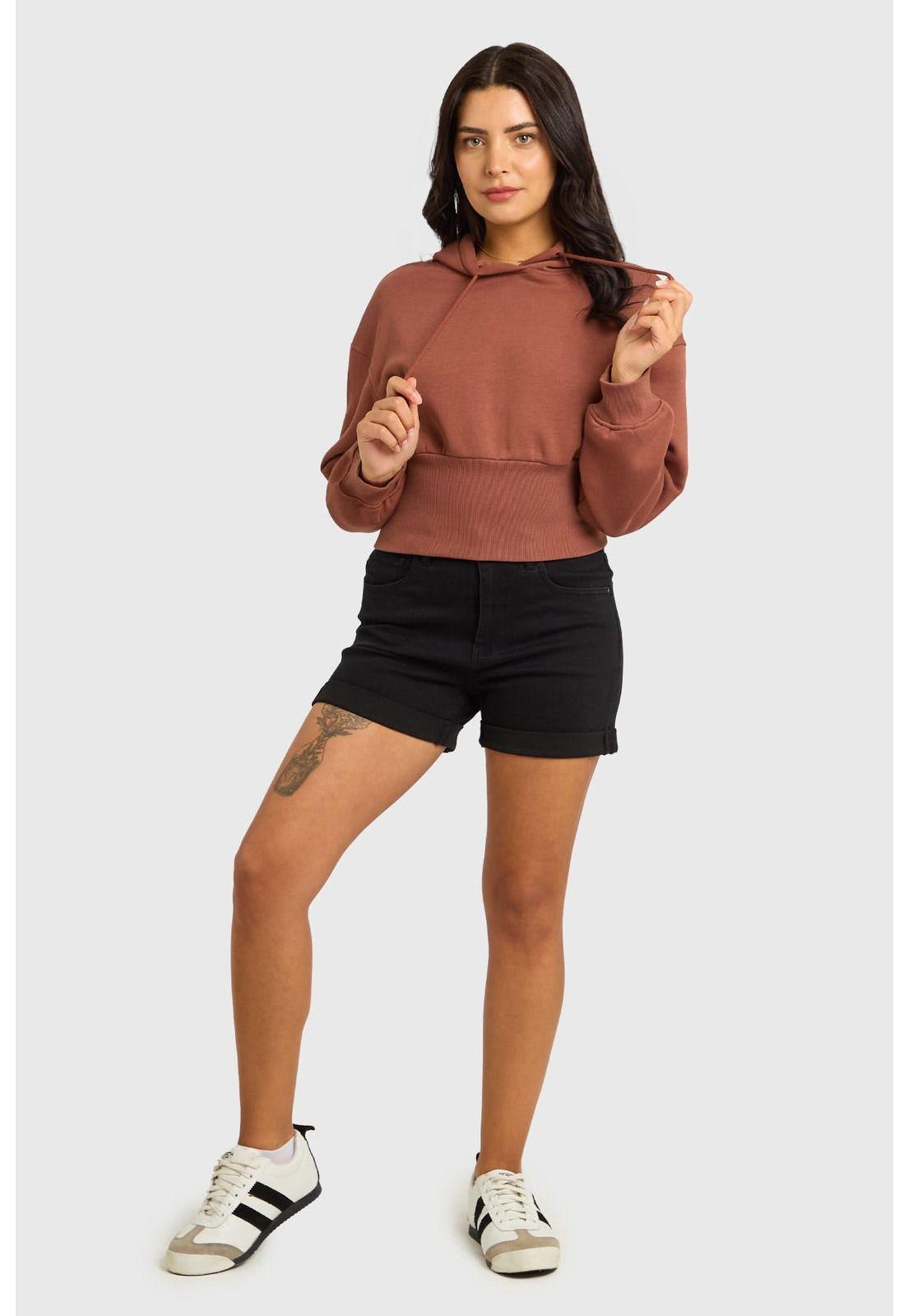 Polerón Mujer Crop Pretina Ancha Café-3