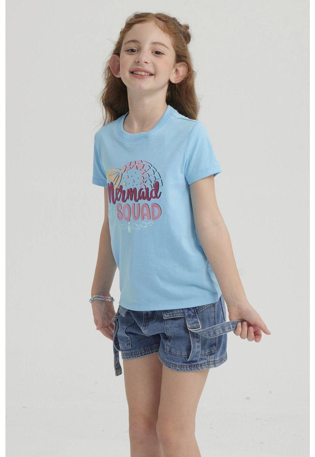 Polera Niña Básica Estampada Celeste Claro-3