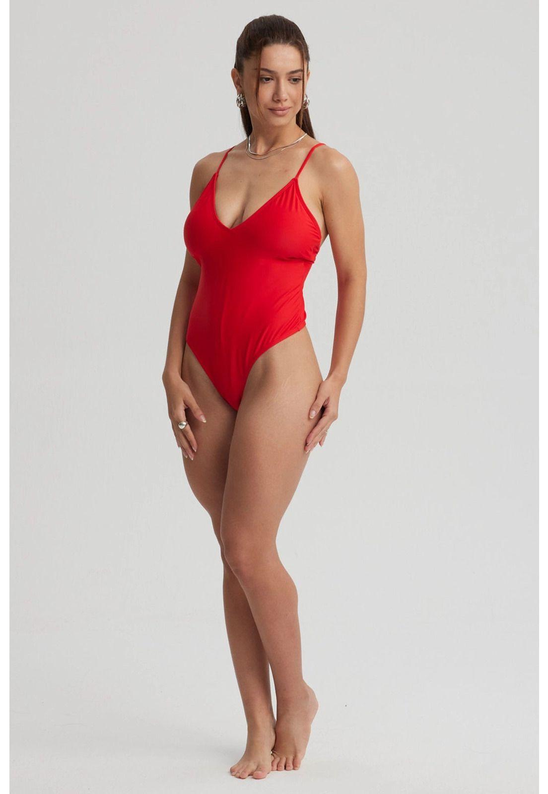 Traje De Baño Mujer Entero Escote Profundo Rojo-1