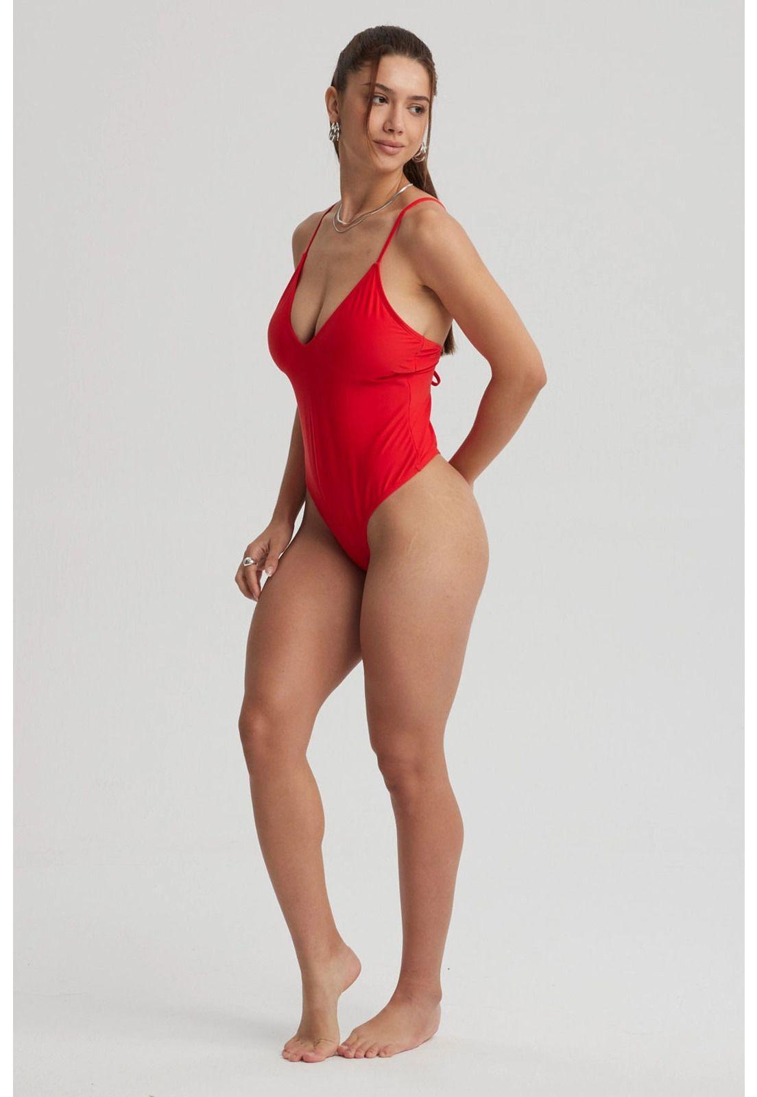 Traje De Baño Mujer Entero Escote Profundo Rojo-3