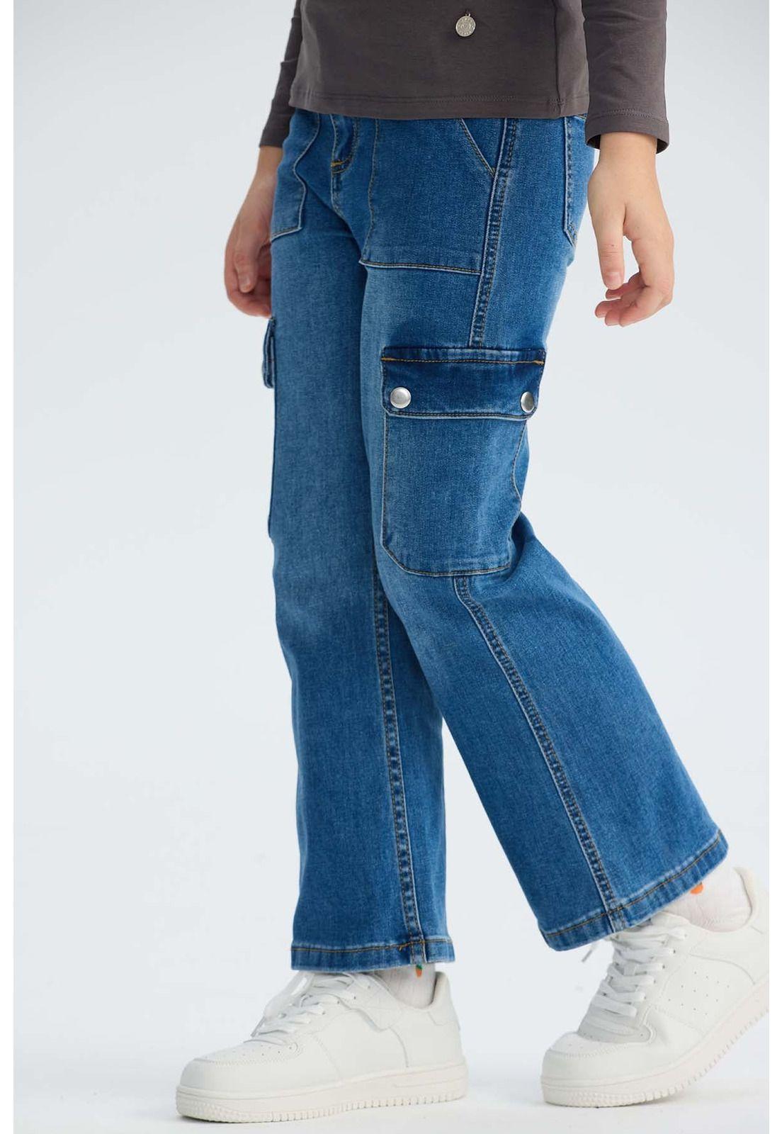 Jeans Niña Cargo Calce Recto Azul-0