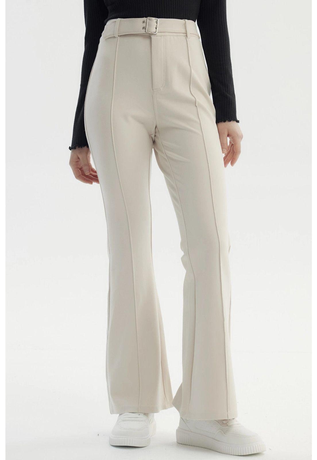 Pantalón Mujer Flare Cinturón Beige Claro-0
