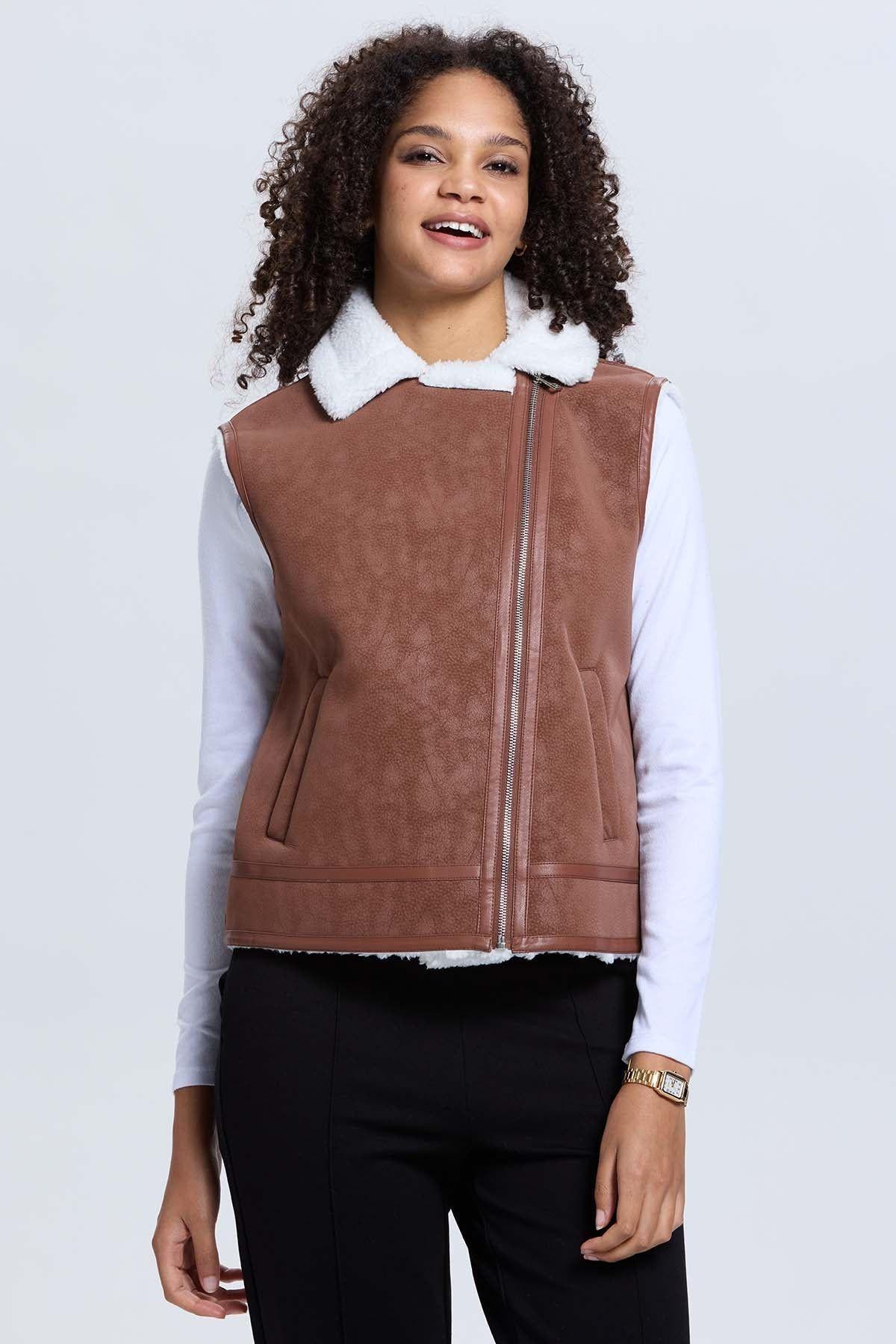 Chaqueta Mujer Efecto Cuero Bonded Cafe Oscuro-1