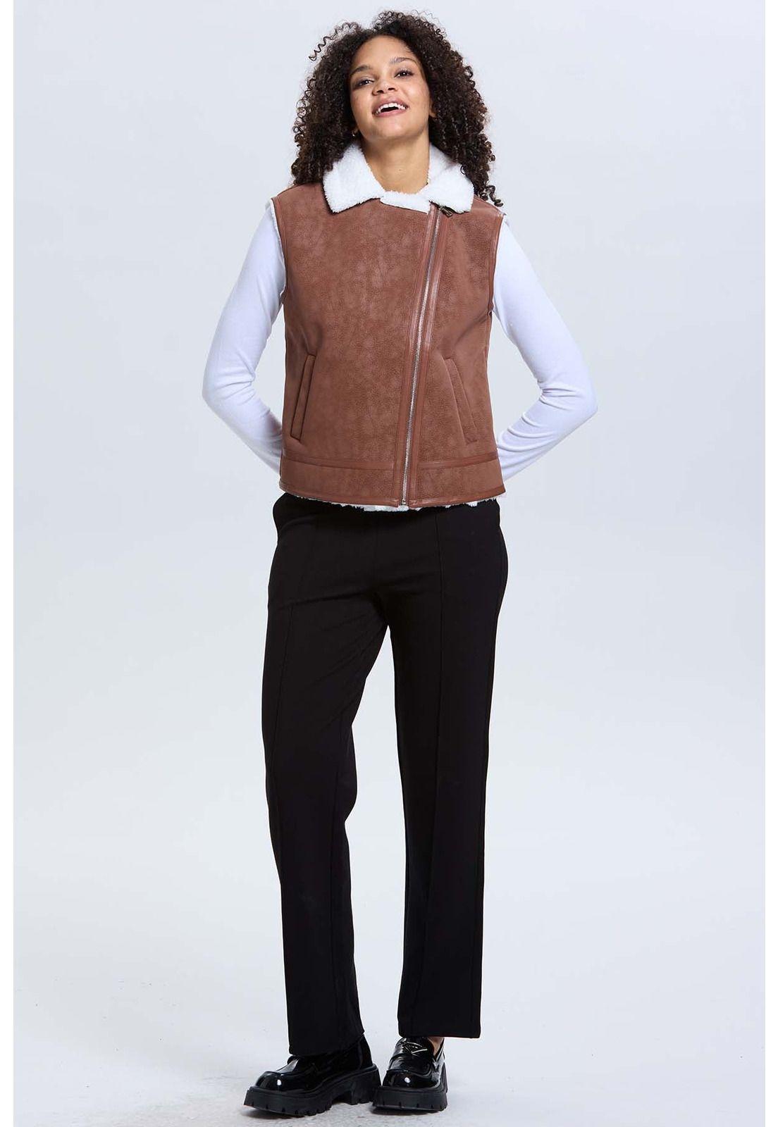 Chaqueta Mujer Efecto Cuero Bonded Café Oscuro-3