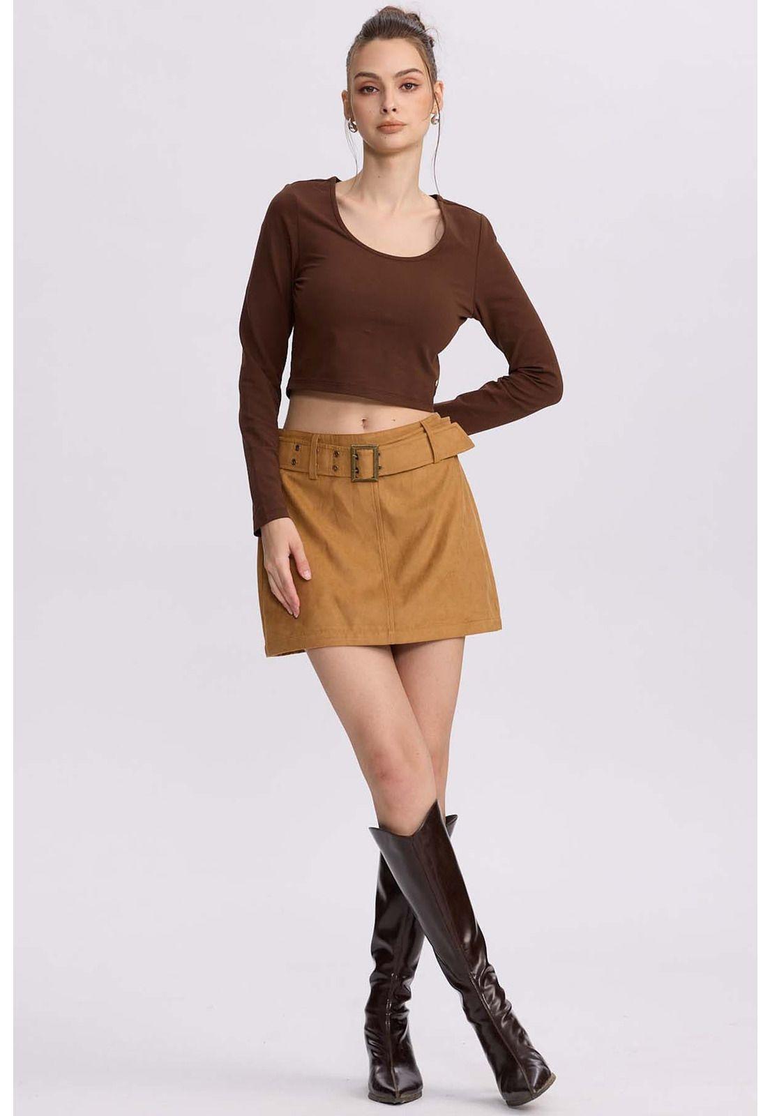 Falda Mujer Cinturón Ancho Camel-3