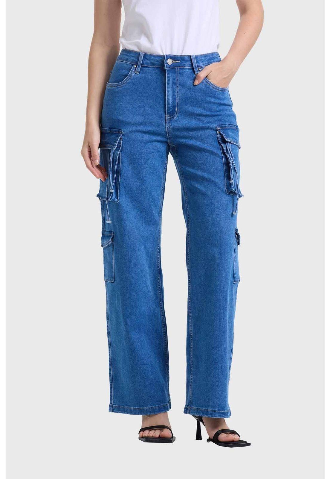 Jeans Mujer Recto Cargo Azul - ll-0