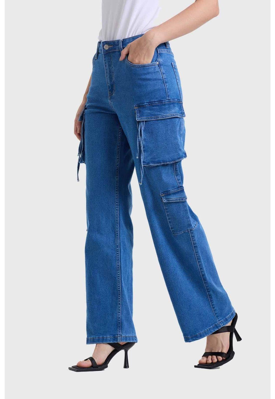 Jeans Mujer Recto Cargo Azul - ll-1