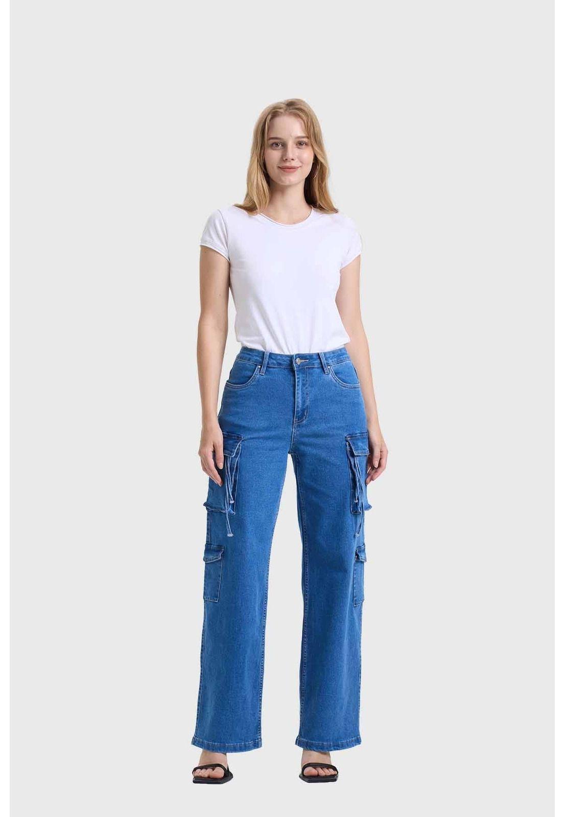 Jeans Mujer Recto Cargo Azul - ll-3