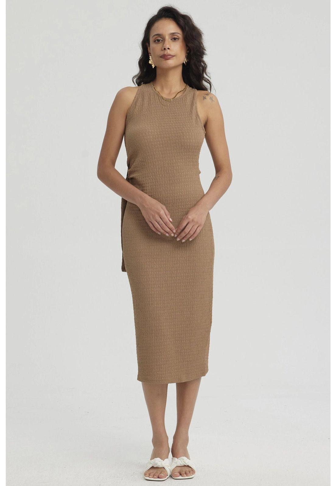 Vestido Mujer Corto Recogido Beige-4