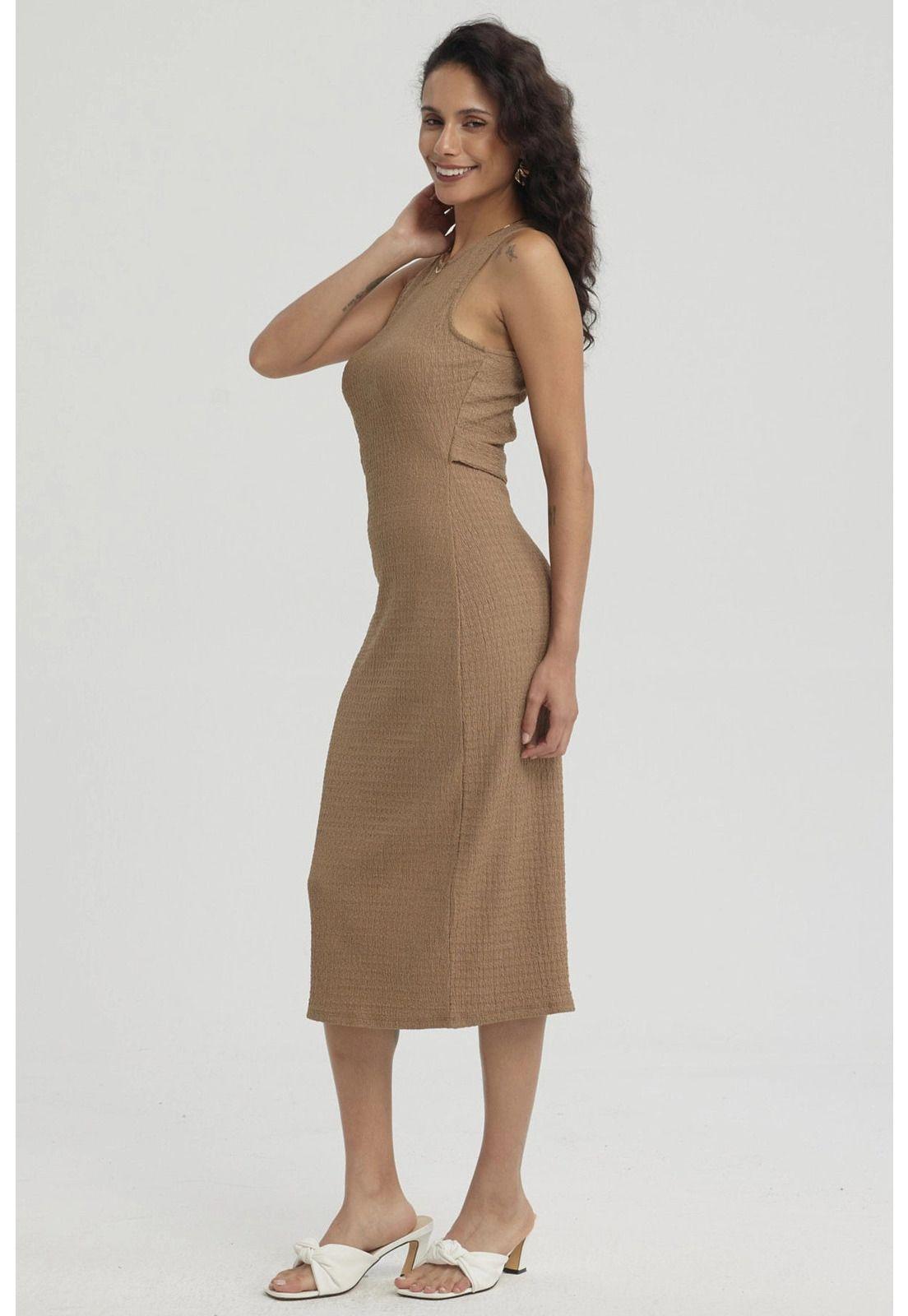 Vestido Mujer Corto Recogido Beige-7