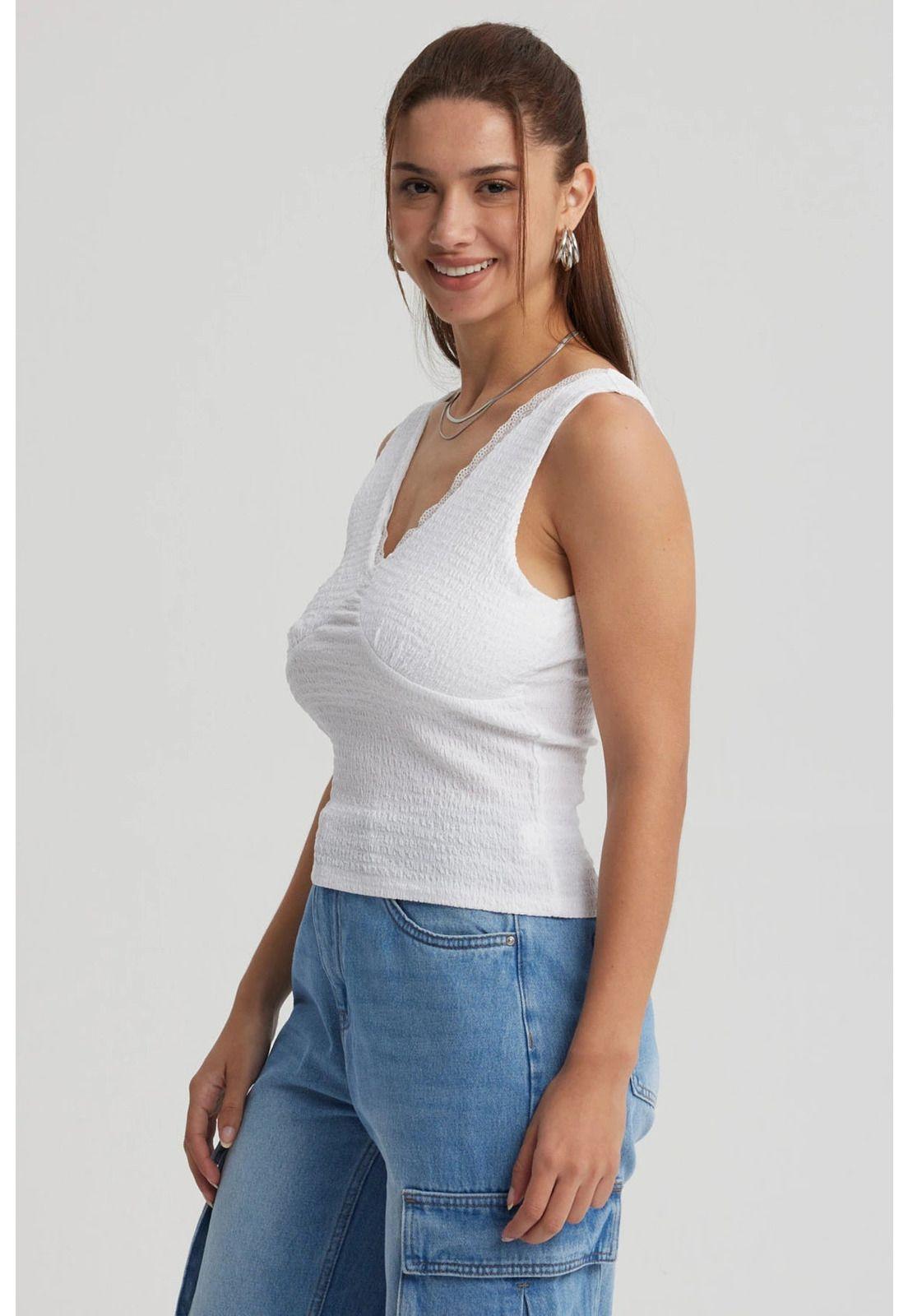 Polera Mujer Textura Escote V Blanco-0