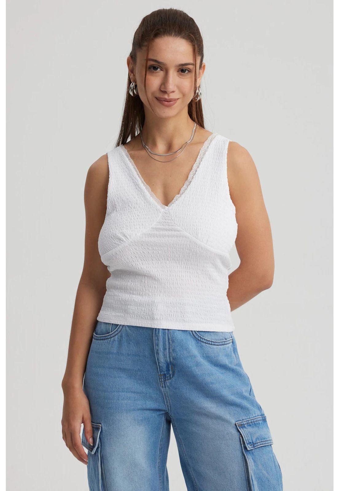 Polera Mujer Textura Escote V Blanco-2