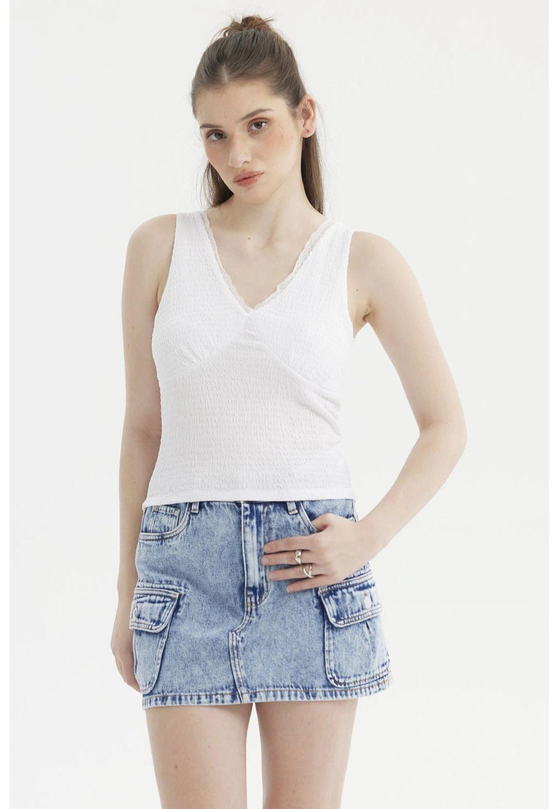 Polera Mujer Textura Escote V Blanco-4