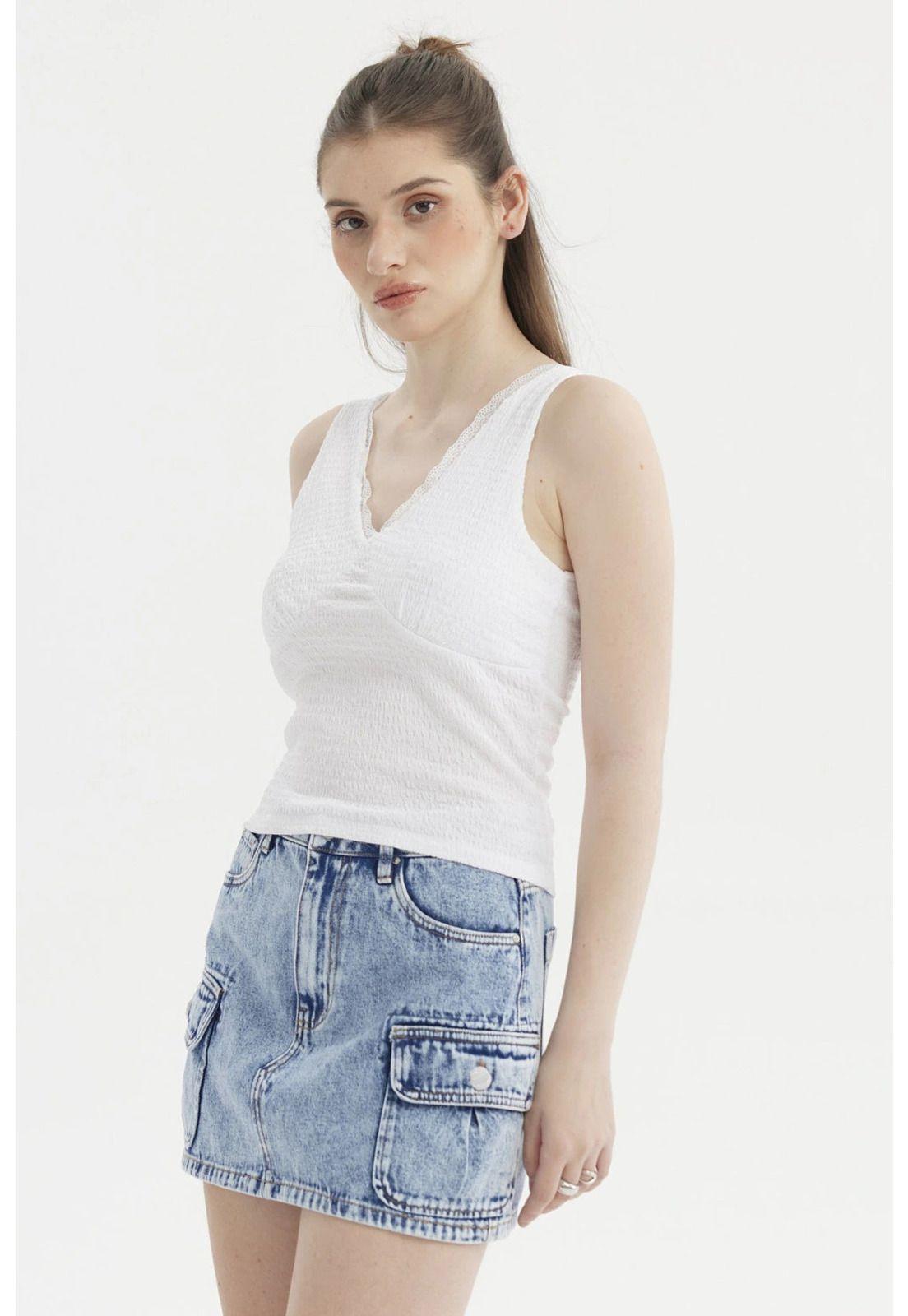 Polera Mujer Textura Escote V Blanco-5