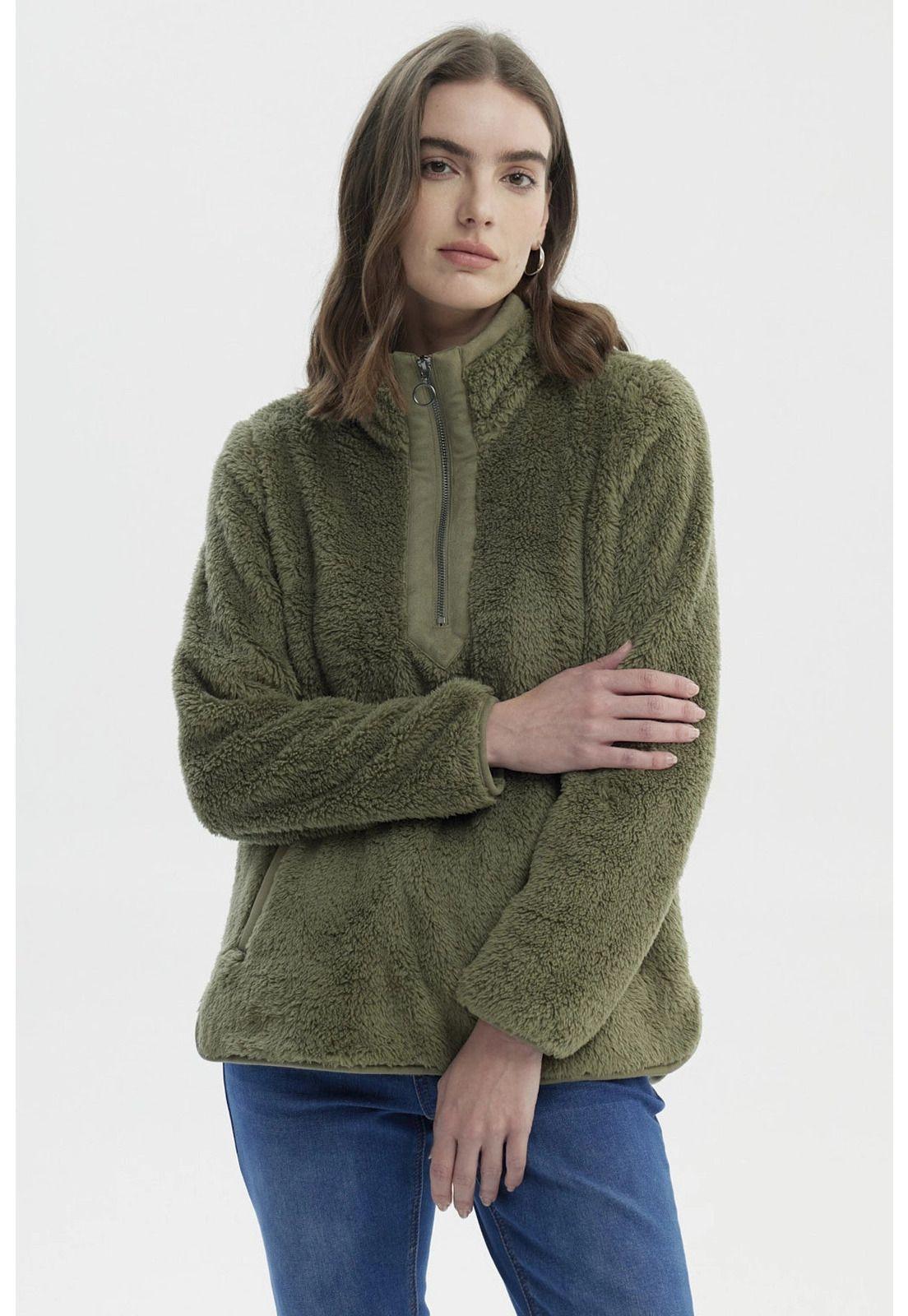 Polar Mujer Cuello Alto Con Medio Cierre Verde Olivo-0