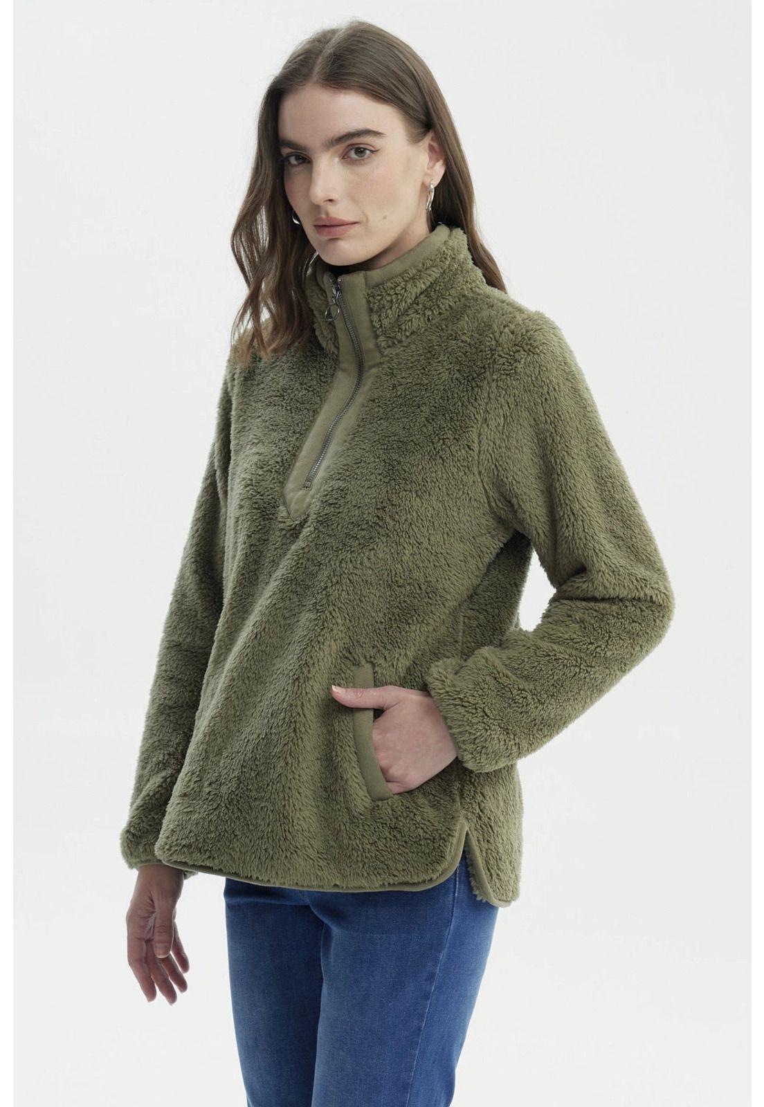Polar Mujer Cuello Alto Con Medio Cierre Verde Olivo-1