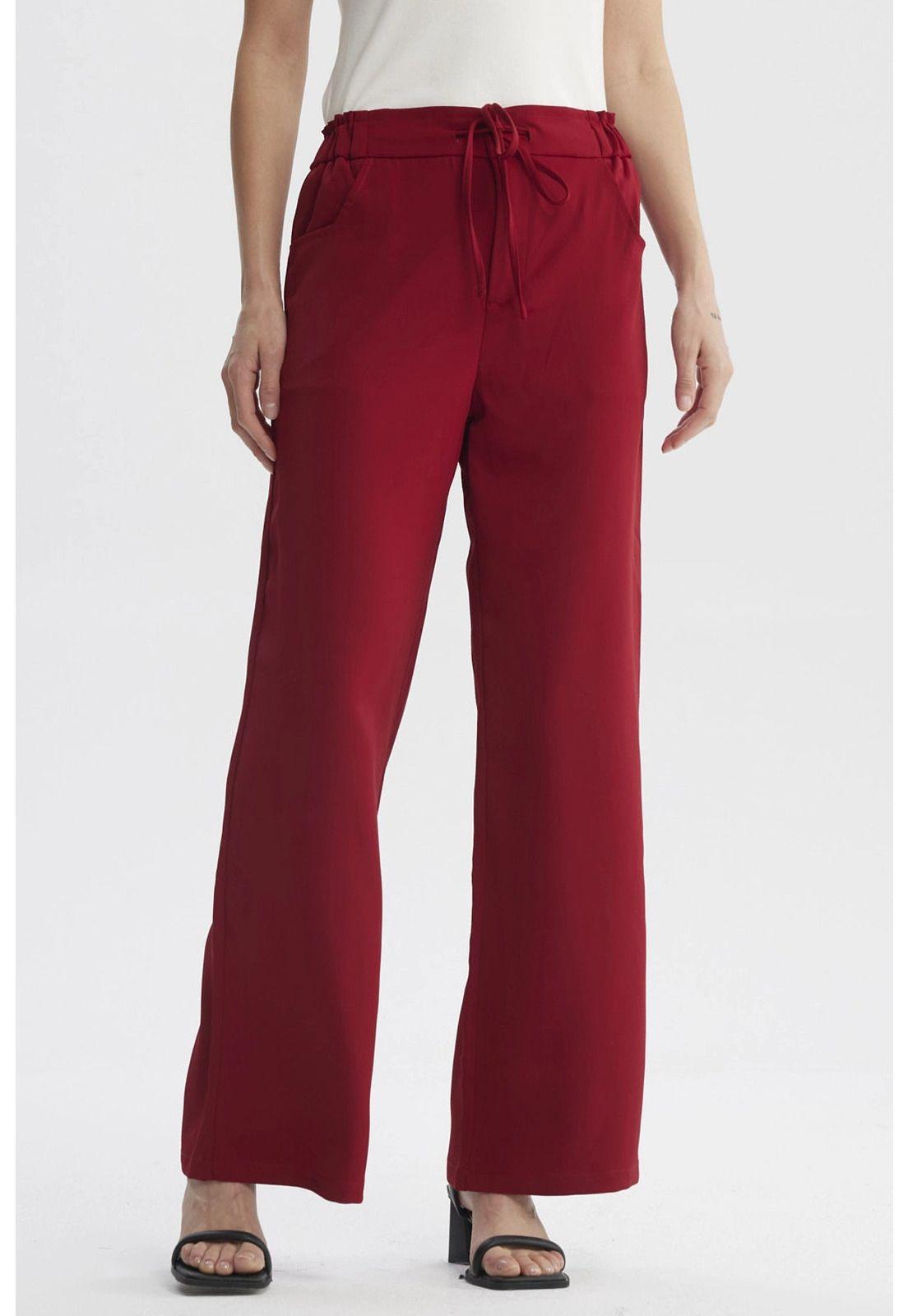 Pantalón Mujer Pretina Con Cordón Rojo Oscuro-0