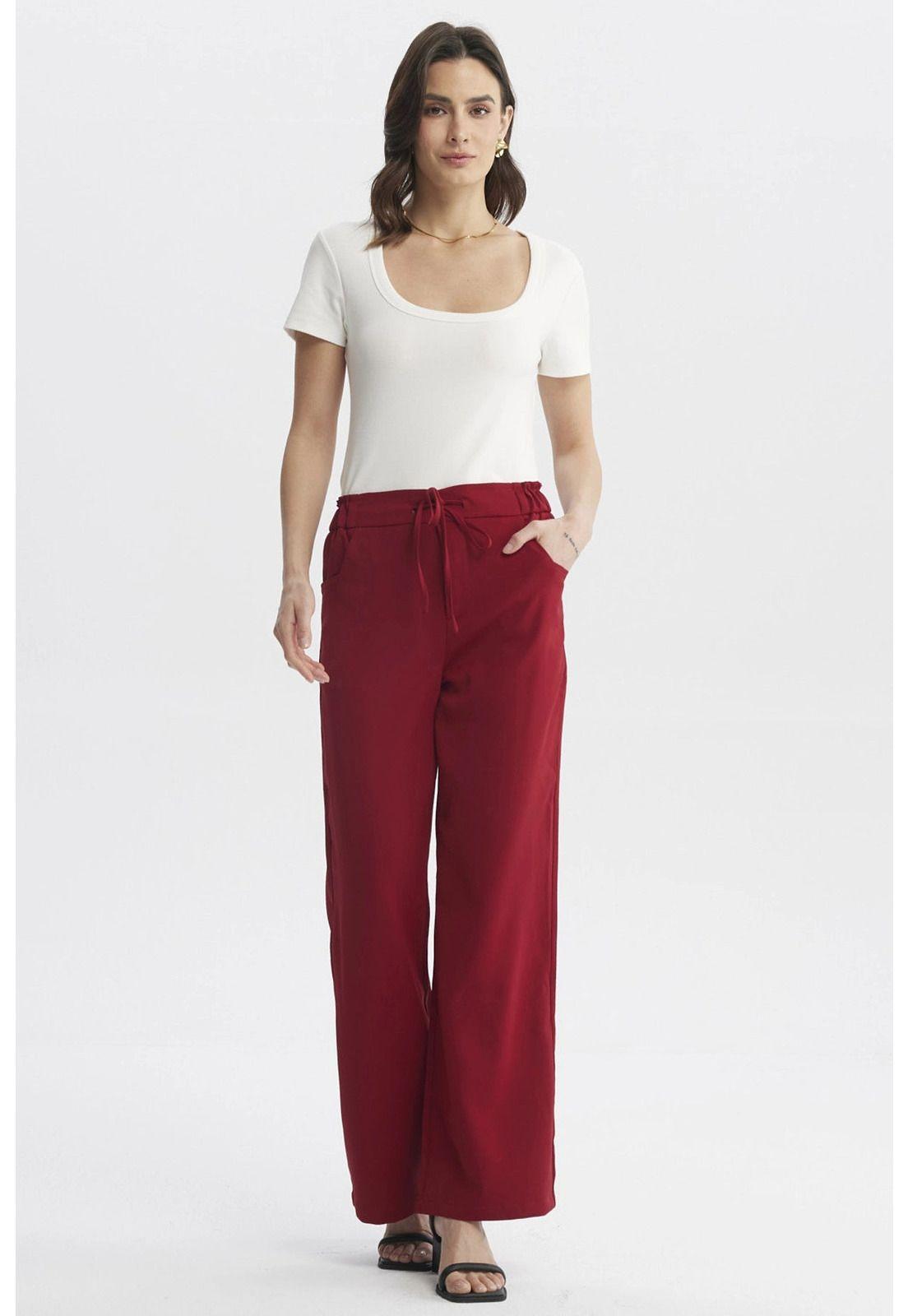 Pantalón Mujer Pretina Con Cordón Rojo Oscuro-3