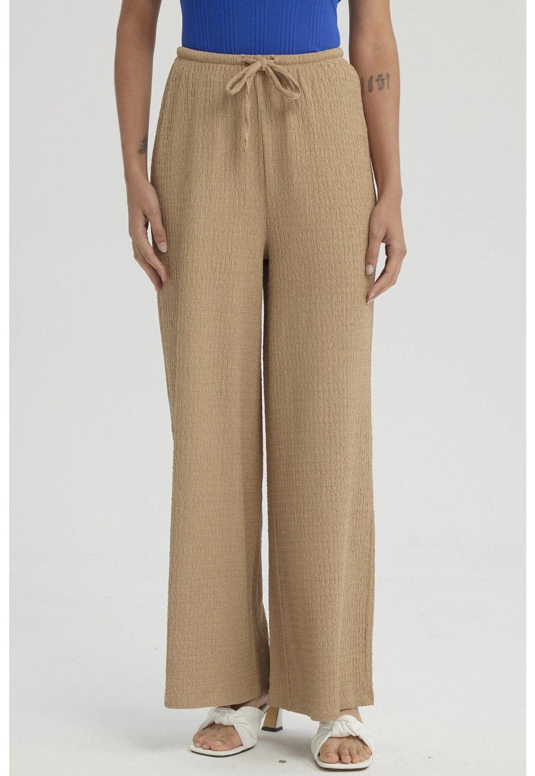 Pantalón Mujer Textura Pretinas Con Cordón Beige Claro-0