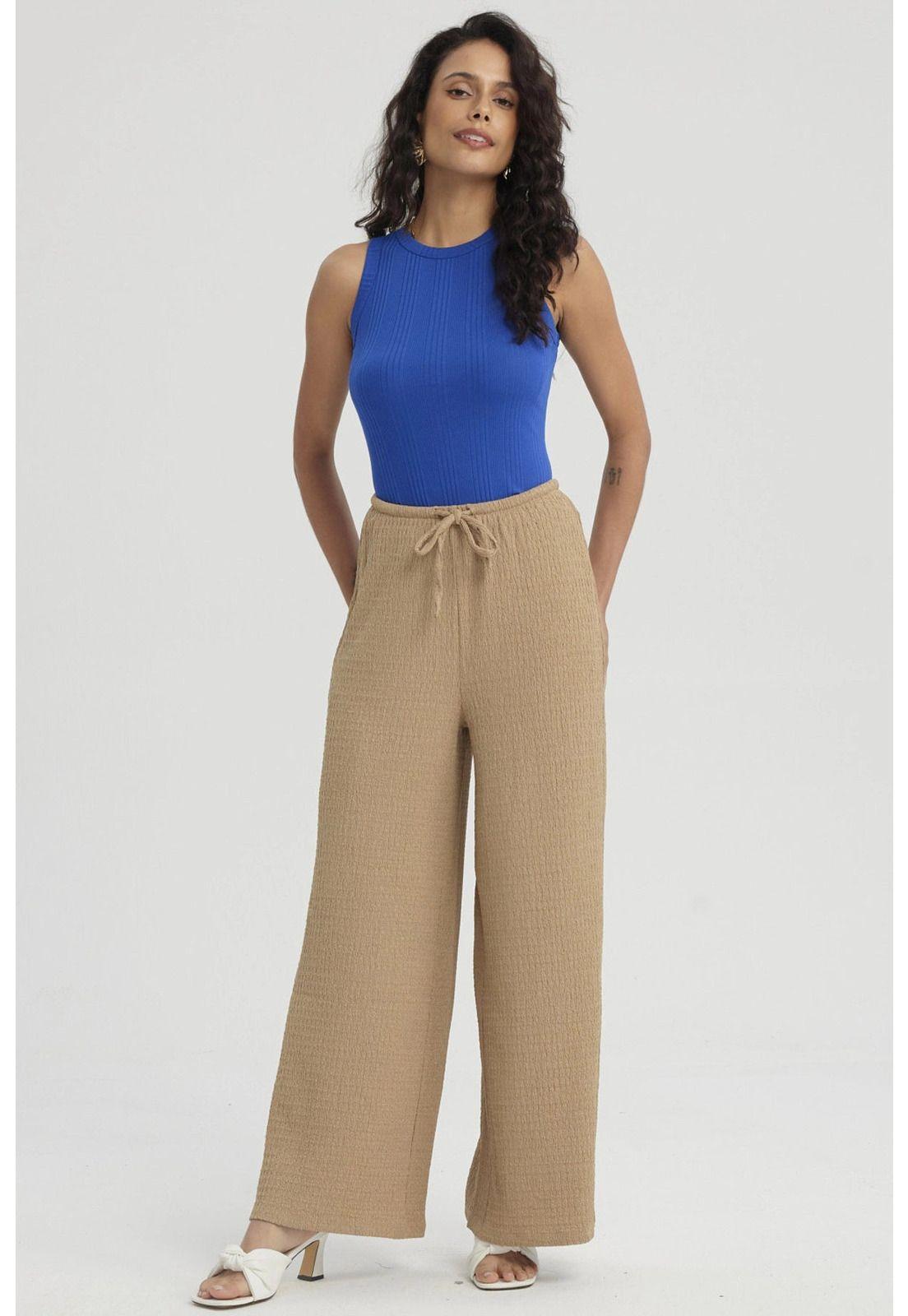 Pantalón Mujer Textura Pretinas Con Cordón Beige Claro-3