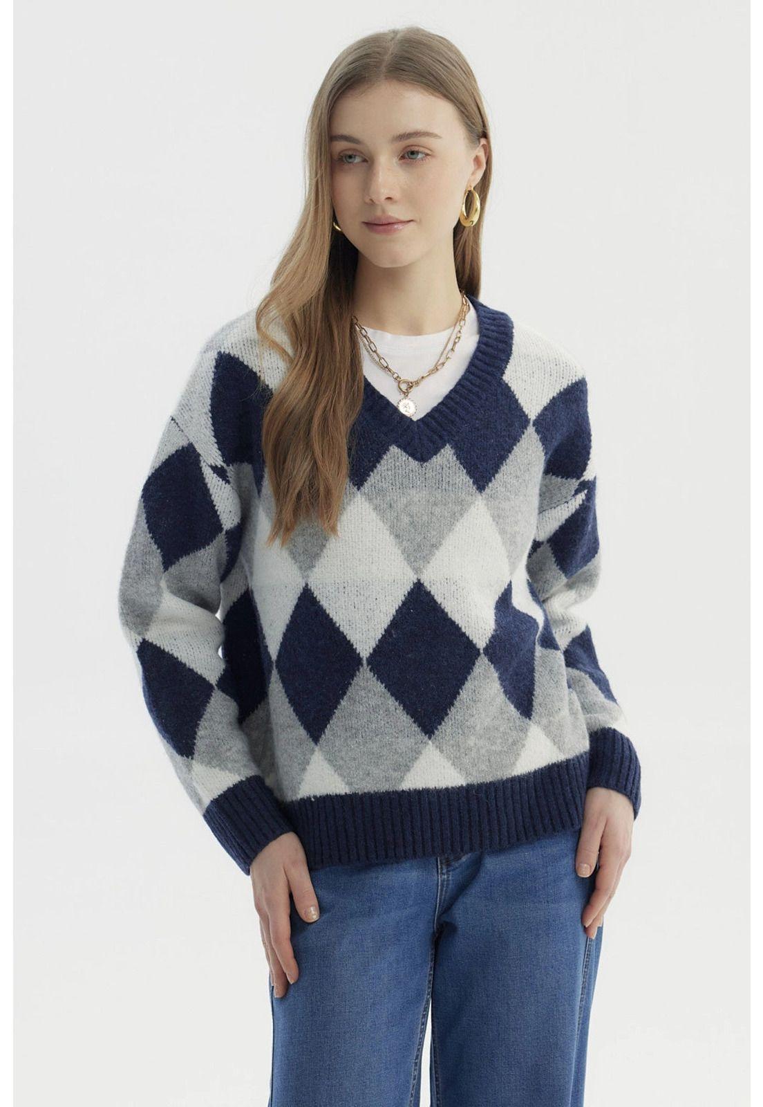 Sweater Mujer Slim Cuello V Gris-0